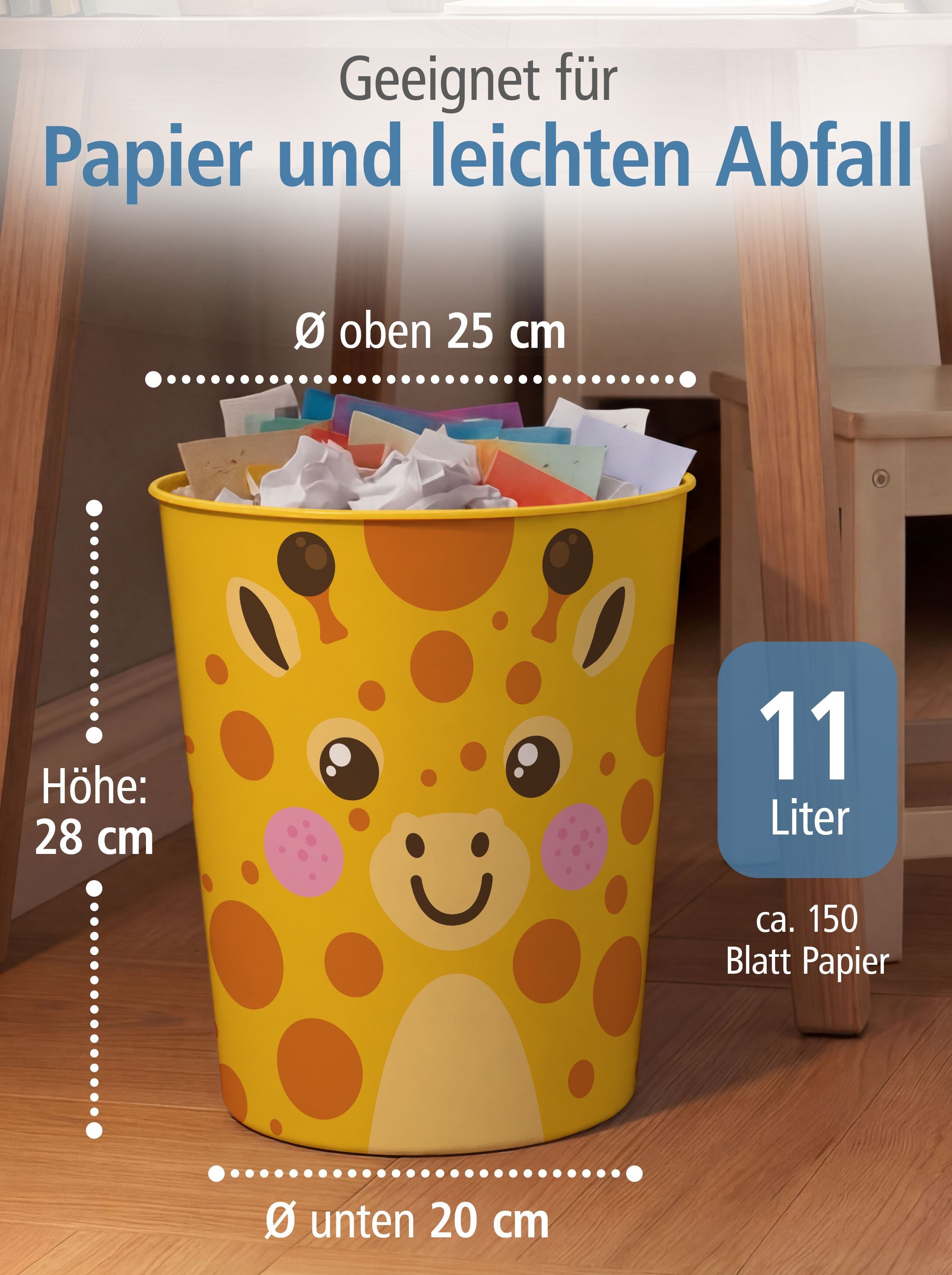 itenga Papierkorb itenga Papierkorb Tiermotiv - GIRAFFE - Kawaii Design - ca 11 Liter – Bild 4 von 5