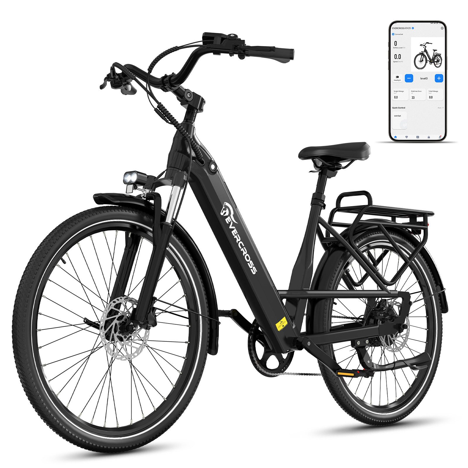 EVERCROSS TECH E-Bike EK25 für Erwachsene, 250W, 36V 468Wh, 60-100km Reichweite, 7 Gang, Heckmotor, 468 Wh, 7-Gang Shimano, App Bluetooth Steuerung, mit Gepäckträger