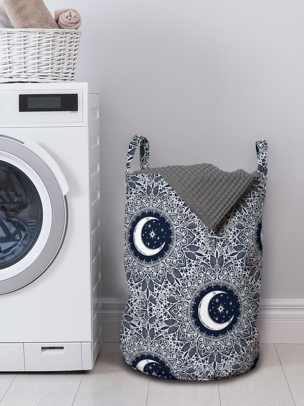 für Crescent Wäschesäckchen Mond-Stern-Blätter Griffen Kordelzugverschluss mit Waschsalons, Abakuhaus Wäschekorb Abstrakt