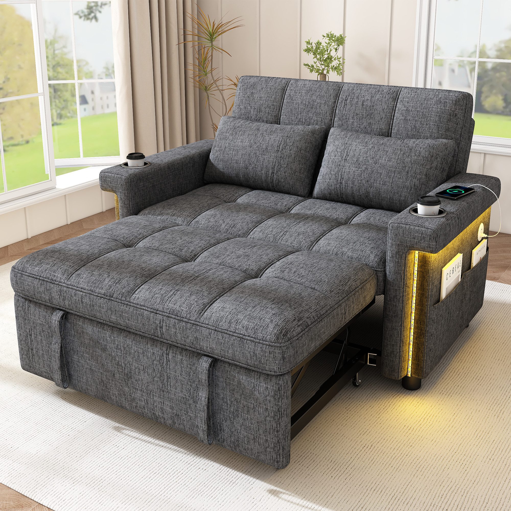 i@home 2-Sitzer Sofa, umwandelbares Schlafsofa mit Schlaffunktion, LED-Beleuchtung, Kleines Sofa, Doppelsofa, verstellbare Rückenlehne, Kissen, Grau