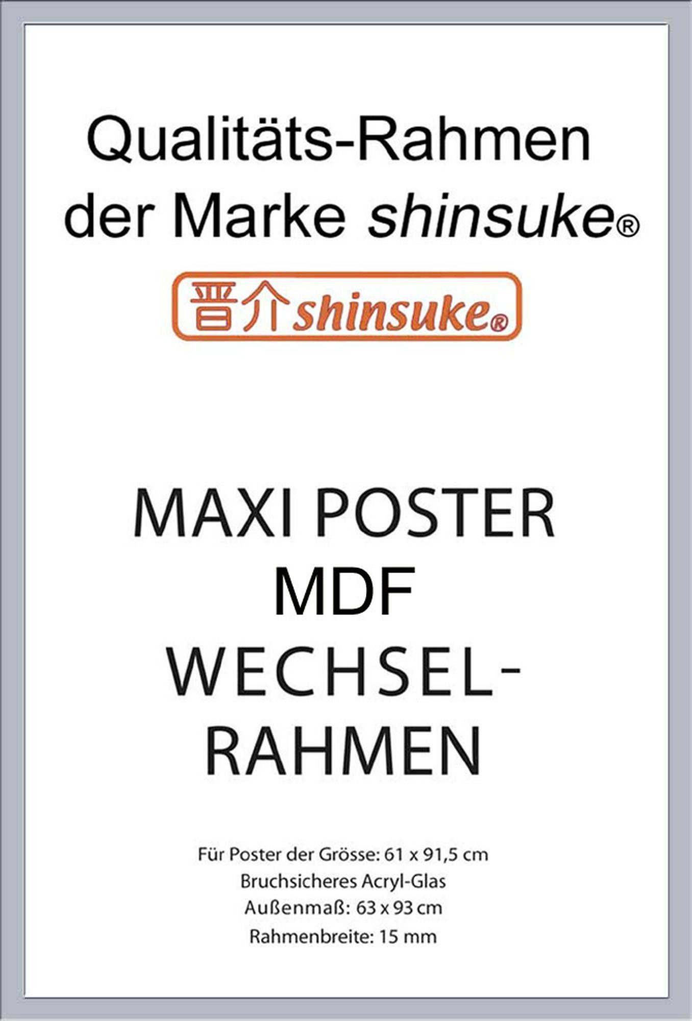 empireposter Rahmen Wechselrahmen, Shinsuke® Größe mit silber Farbe: MDF cm, Maxi 61x91,5 Acryl-Scheibe