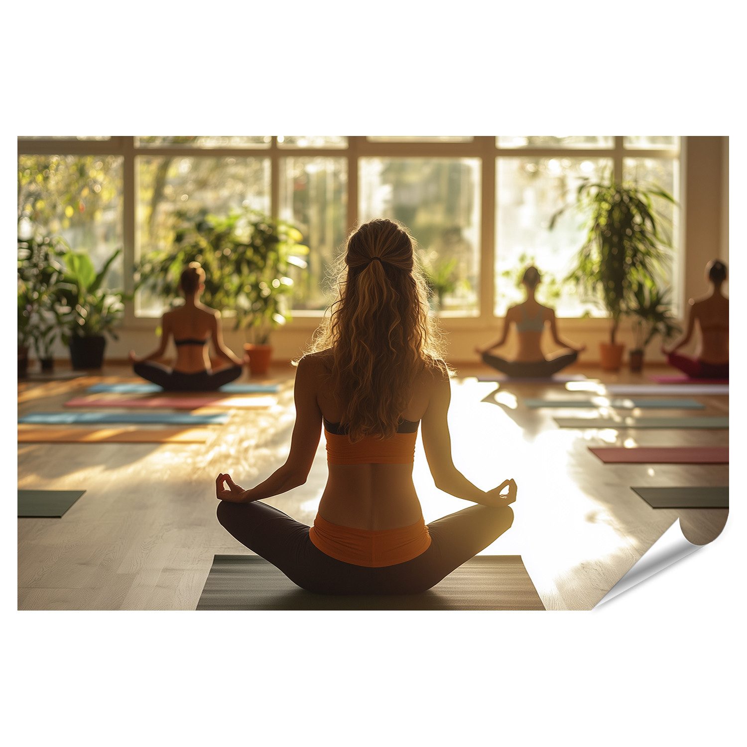 islandburner Poster Erstelle eine Szene in einem Yoga-Studio wo Teilnehmer üben