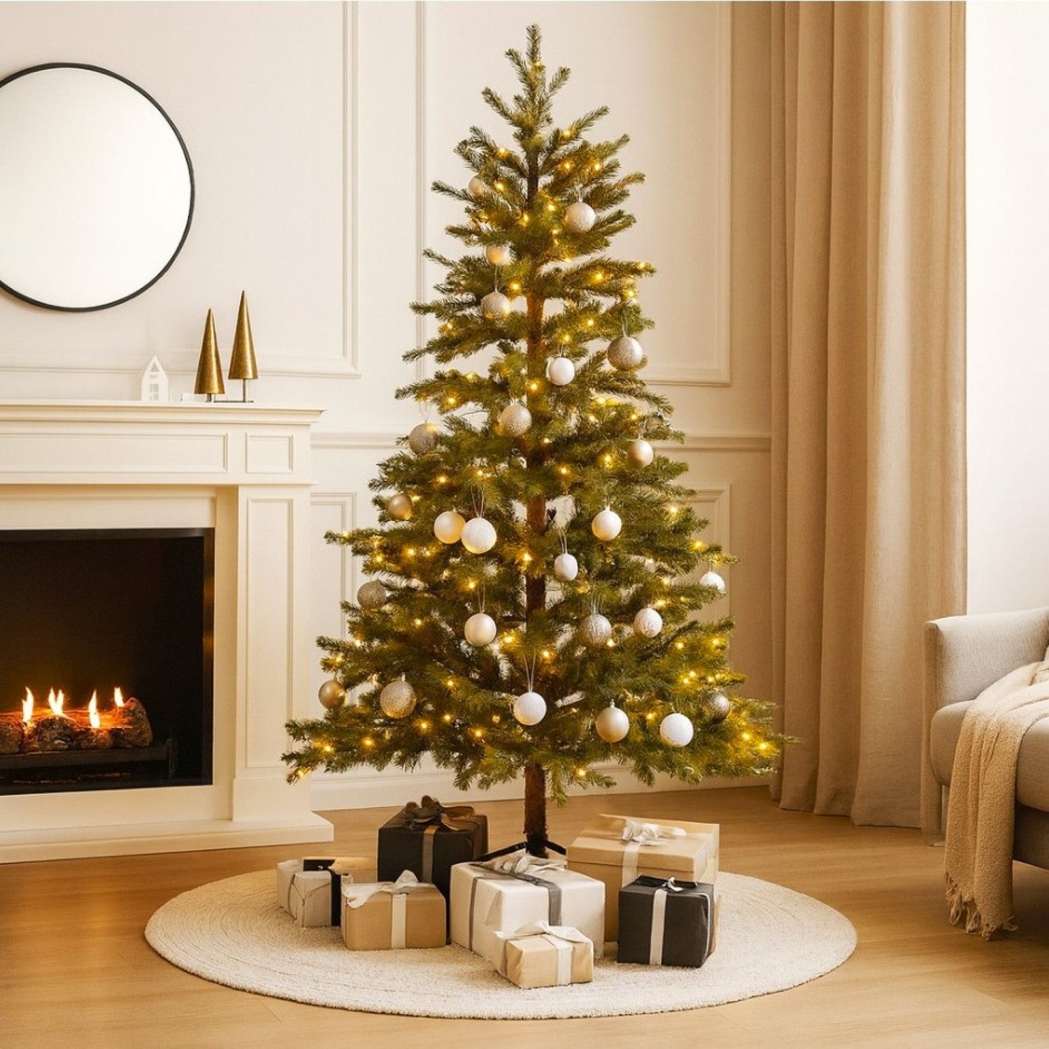 Online-Fuchs Künstlicher Weihnachtsbaum mit LED-Beleuchtung (Lichterkette), 9 Leuchtmodi, Fernbedienug & Timer, 210 cm groß, Spritzguss Nadeln, 460 LEDs, Warmweiß oder Farbwechsel wählbar