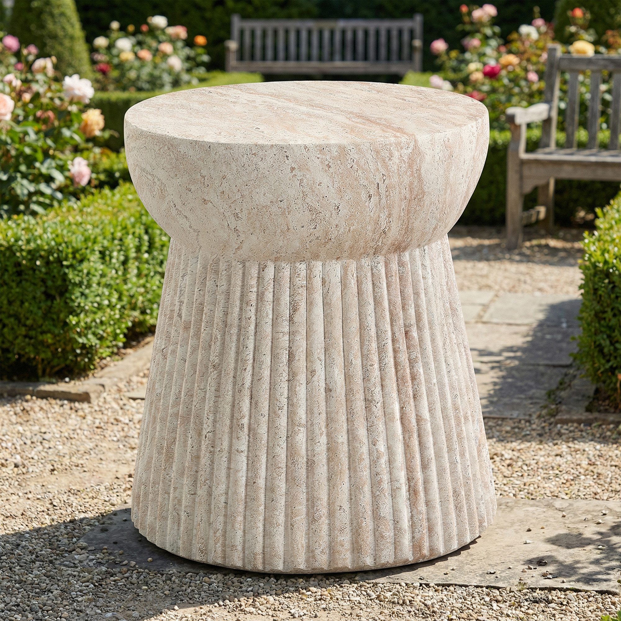 Flieks Gartentisch runder Beistelltisch Outdoor aus MgO, Travertinoptik (B38/H43 cm, 1-St., 1 Tisch), Balkontisch Couchtisch Esstisch für den Innen- und Außenbereich