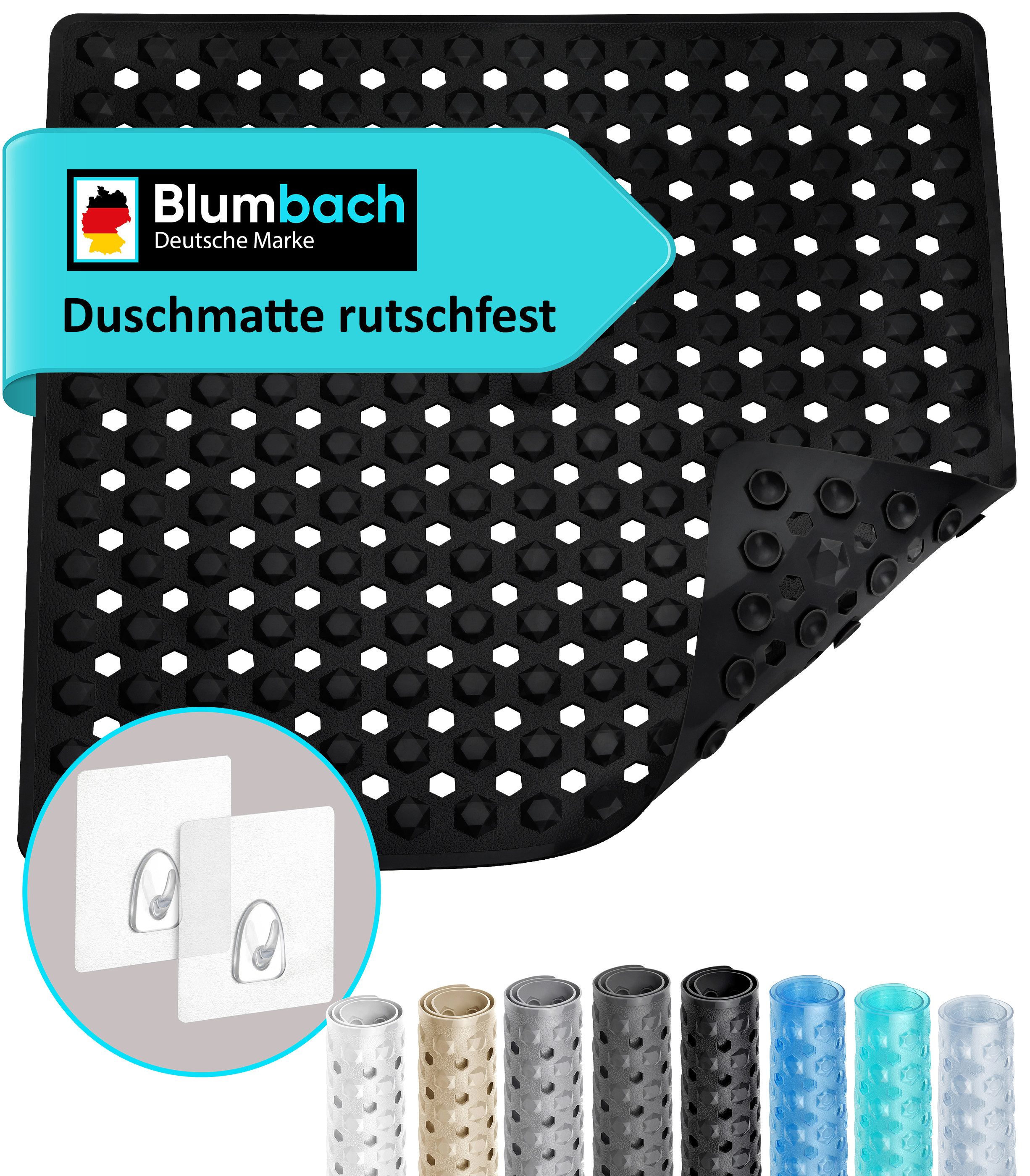 Blumbach Duschmatte - griffige Antirutschmatte Diamant 53 x 53 cm, - 100% BPA-frei, inkl. 2 Haken zum Aufhängen, Duscheinlage, schimmelressisten & maschinenwaschbar