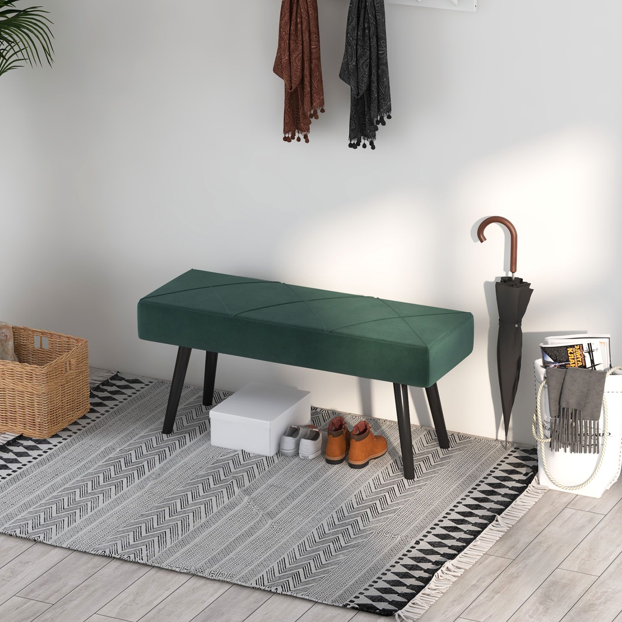 MODFU Polsterbank Grüne Samtbank 100x36x45 cm mit X-Design, belastbar bis 120 kg (Packung, 1-St., Vielseitig als Schuhbank, Bettbank & Dekositz nutzbar), Weich gepolsterte Sitzgelegenheit für Diele, Wohnzimmer & Ankleide