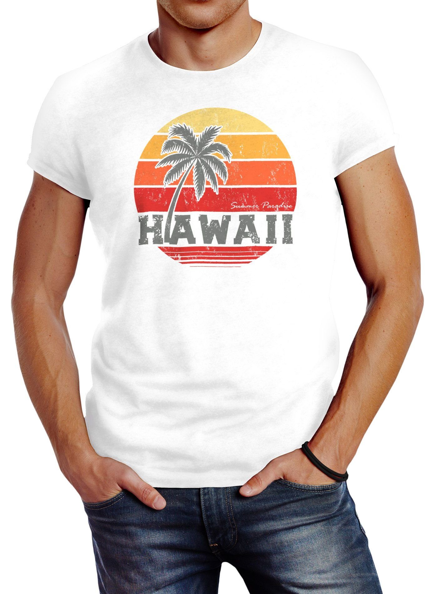 Herren Shirts Neverless Print-Shirt Herren T-Shirt Hawaii Palme Tropical Summer Retro Slim Fit Baumwolle Neverless® mit Print