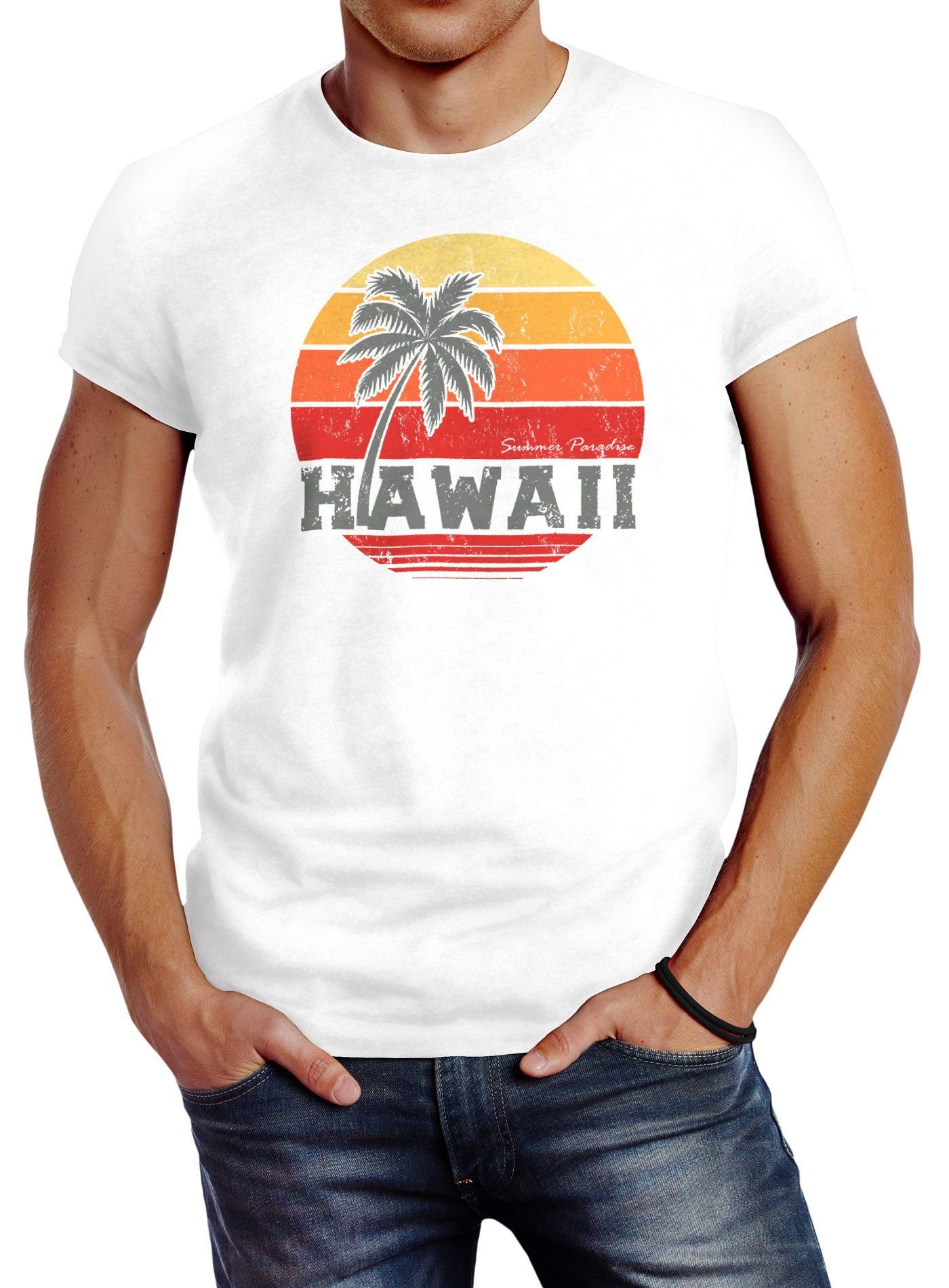 Hawaii Fit weiß Print Palme Neverless Slim Summer T-Shirt Neverless® Print-Shirt Baumwolle Retro Herren mit Tropical