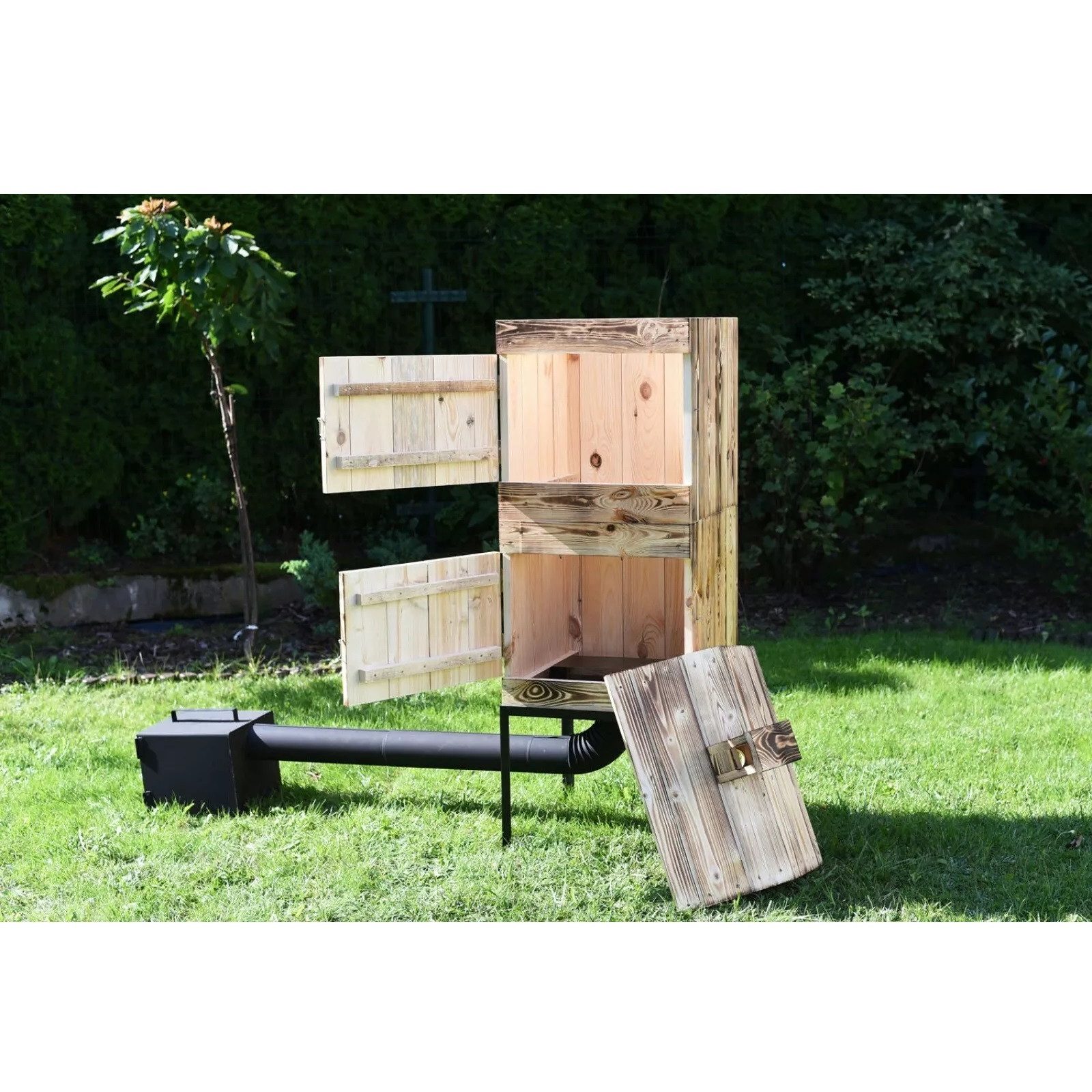 QLS Räucherofen aus Holz 120x50x50 cm, Räucherkammer Räucherschrank Zwei Kammer Garten