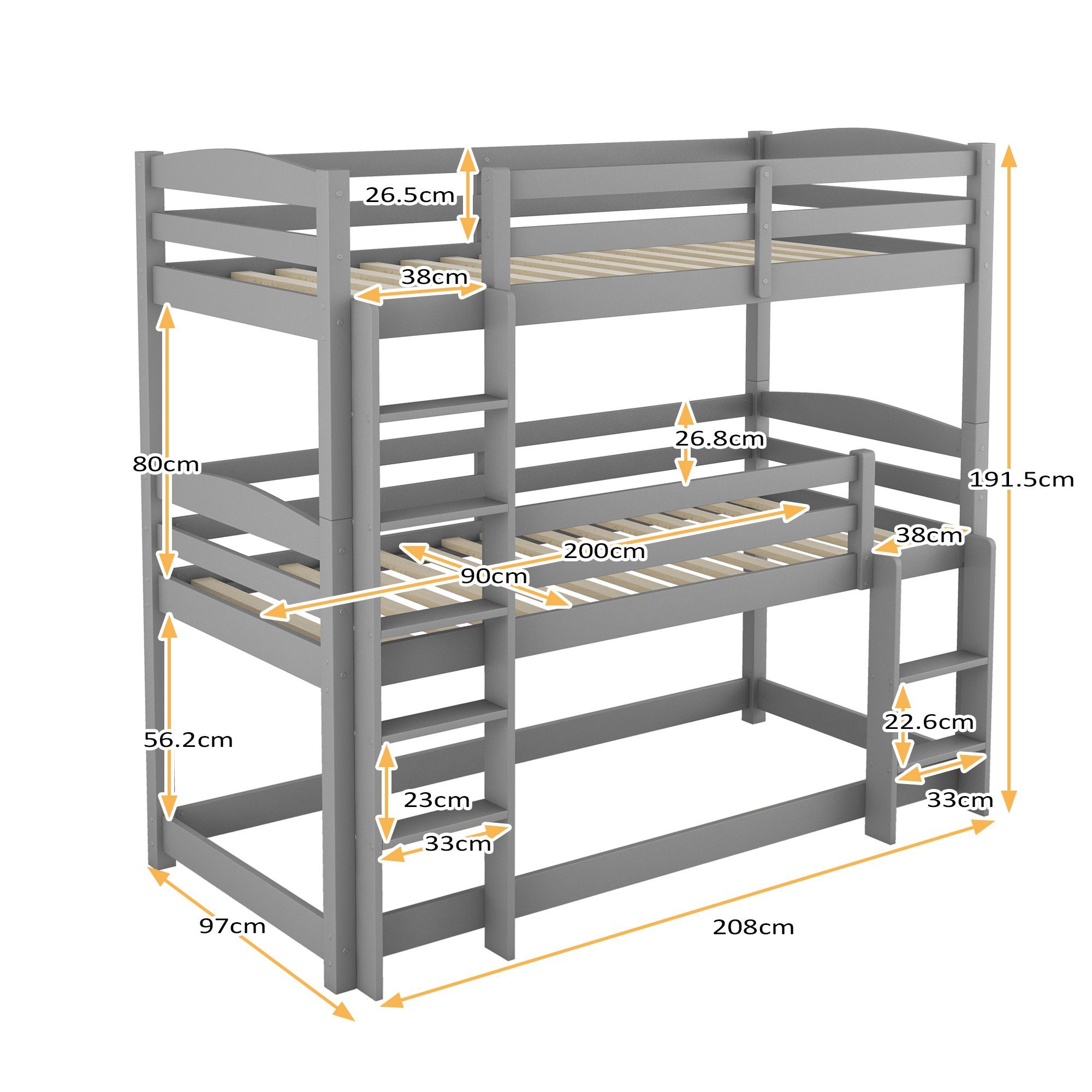 REDOM Bett Dreier-Etagenbett, Betten x Ohne (90 Gästebett Kinderbetten Einzelne 200cm), Matratze grau