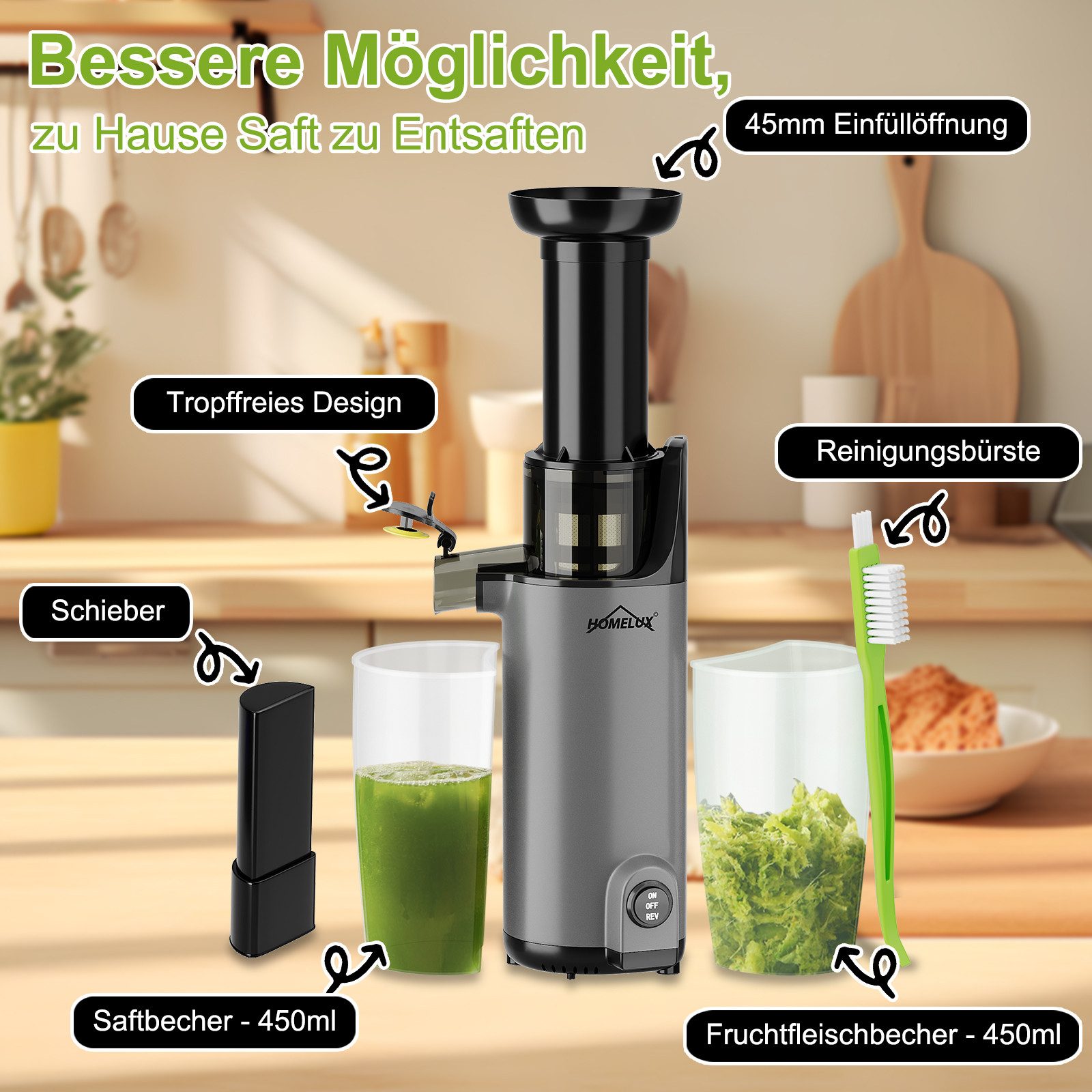HOMELUX Slow Juicer Kleiner Entsafter Sicherheitsverriegelung, Mini, kompakt, 120 W, Geräuscharm, mit Easy-Clean Konzept, 120 W – Bild 4 von 5