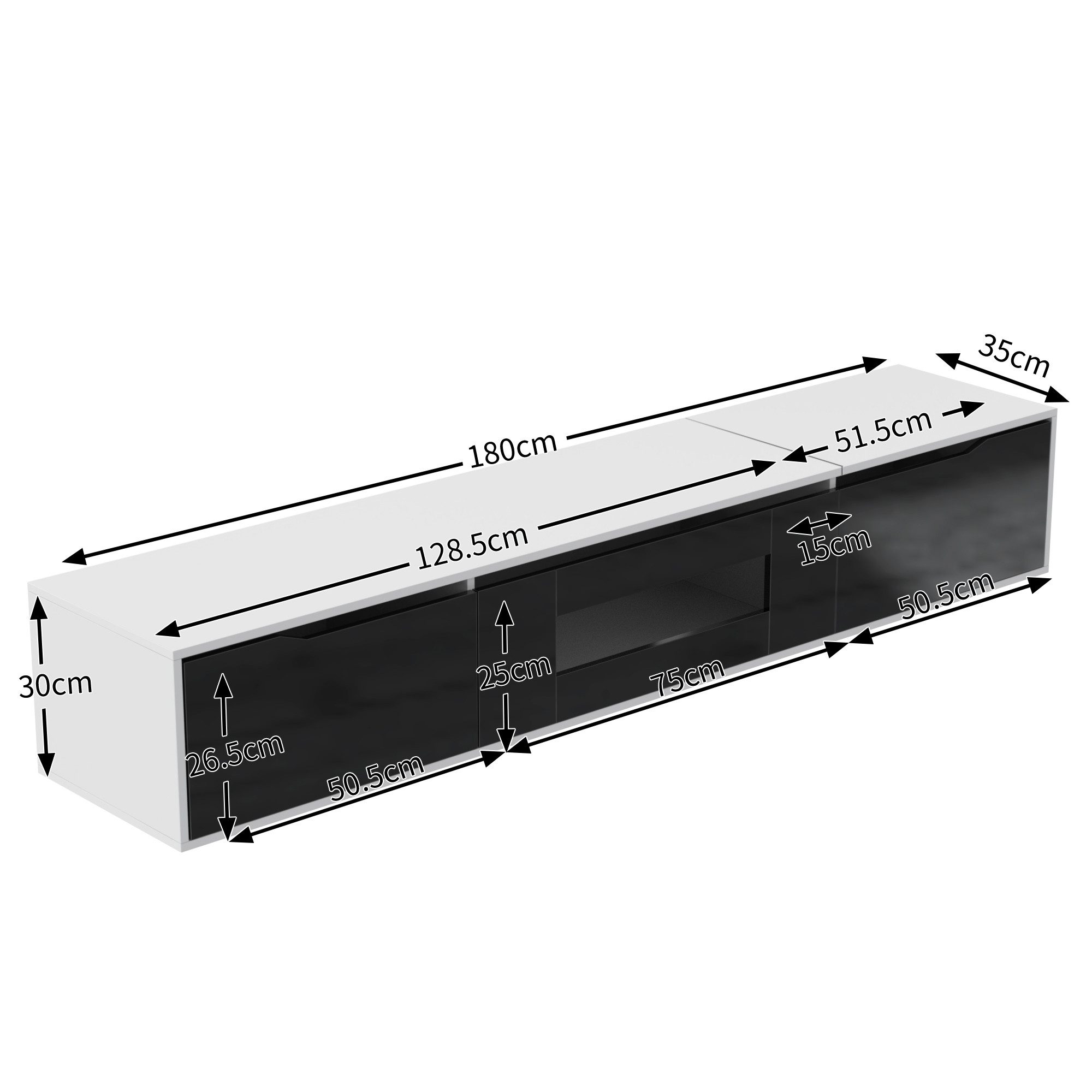 Rutaqian Lowboard Lowboard TV-Schrank mit LED, TV Lowboard Weiss Hochglanz 180 cm, Fernsehtisch mit 16 Farben und 4 Lichtmodi, Hochglanz-TV-Schrank