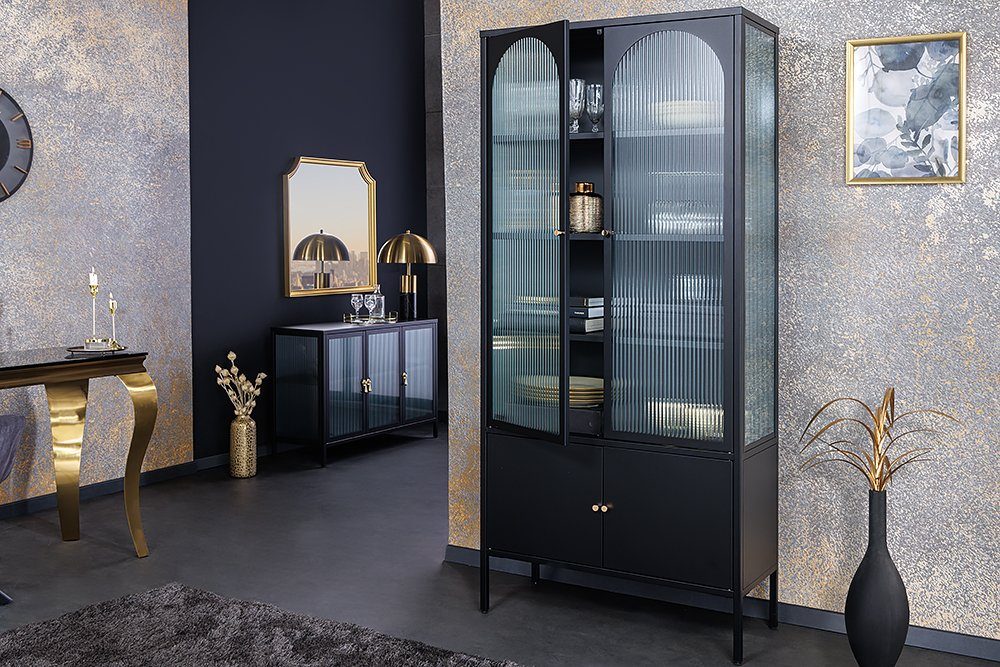 Stauraum · PARIS Design Wohnzimmer (Einzelartikel, · Vitrine gold Glas · · riess-ambiente Metall / 180cm 1-St) schwarz Modern · Küche