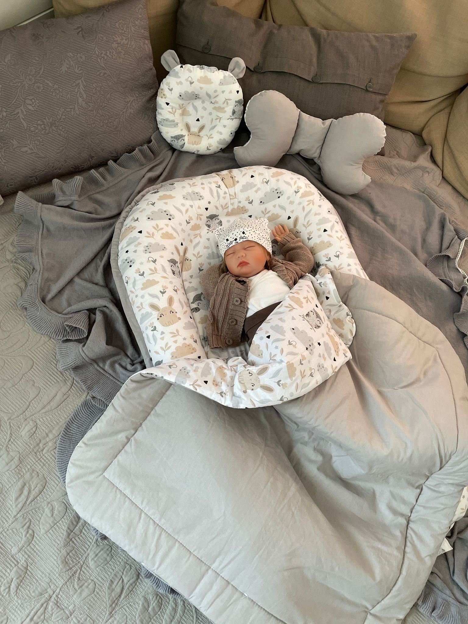 Loolay Bettnestchen BIO BAUMWOLLE BABYNEST Babykokon Neugeborene Babyaustattung SET, (4 Jahreszeiten Kuschelnest Reisebett SOLO/ o. im Premium SETS, 4-tlg., MUS – Bild 3 von 5