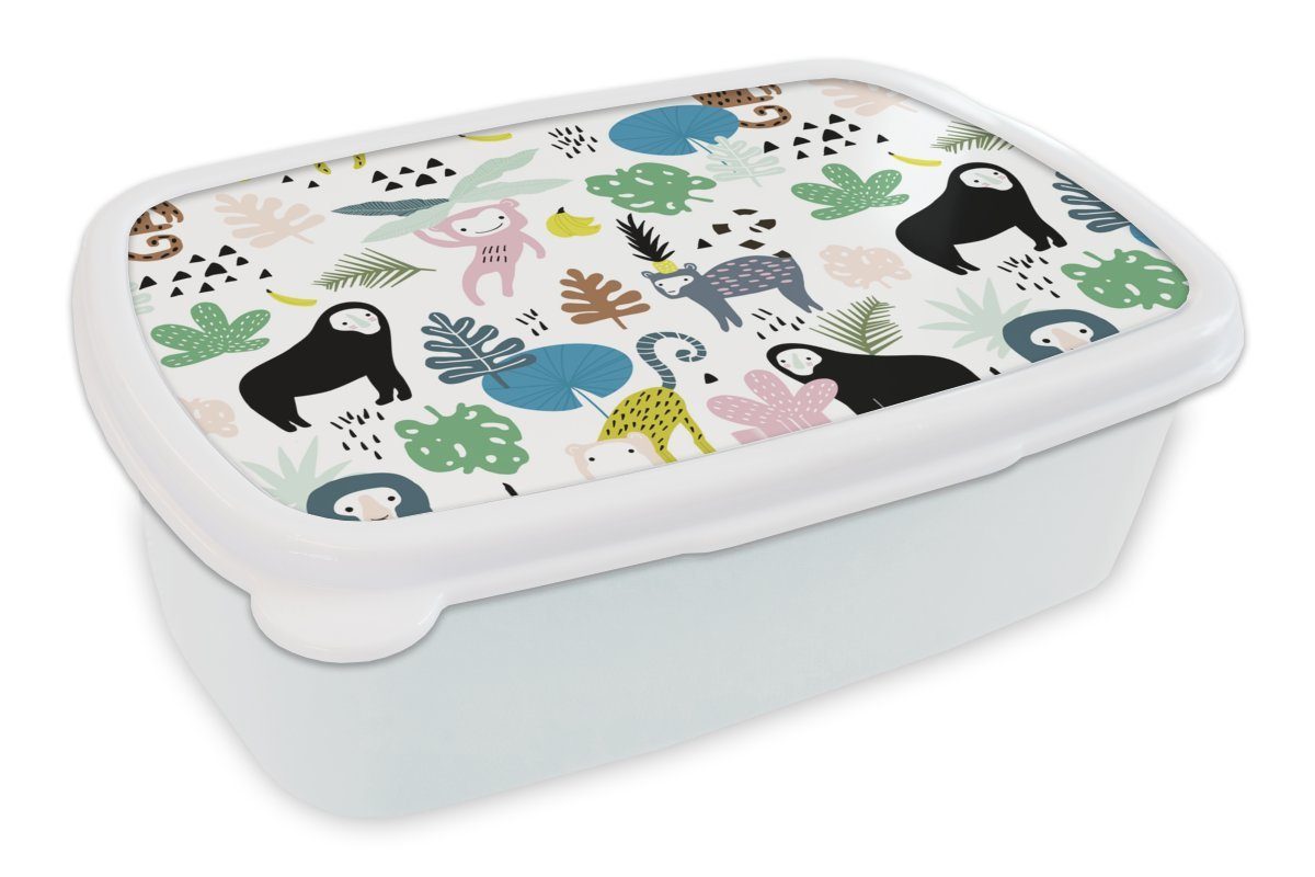 MuchoWow Lunchbox Tiere - Pflanzen - Dschungel, Kunststoff, (2-tlg), Brotbox für Kinder und Erwachsene, Brotdose, für Jungs und Mädchen weiß