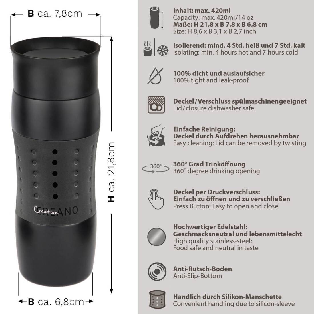 Reinigung Creano abnehmbare Thermoflasche Travel Design für Öffnung 420ml, Mug einache