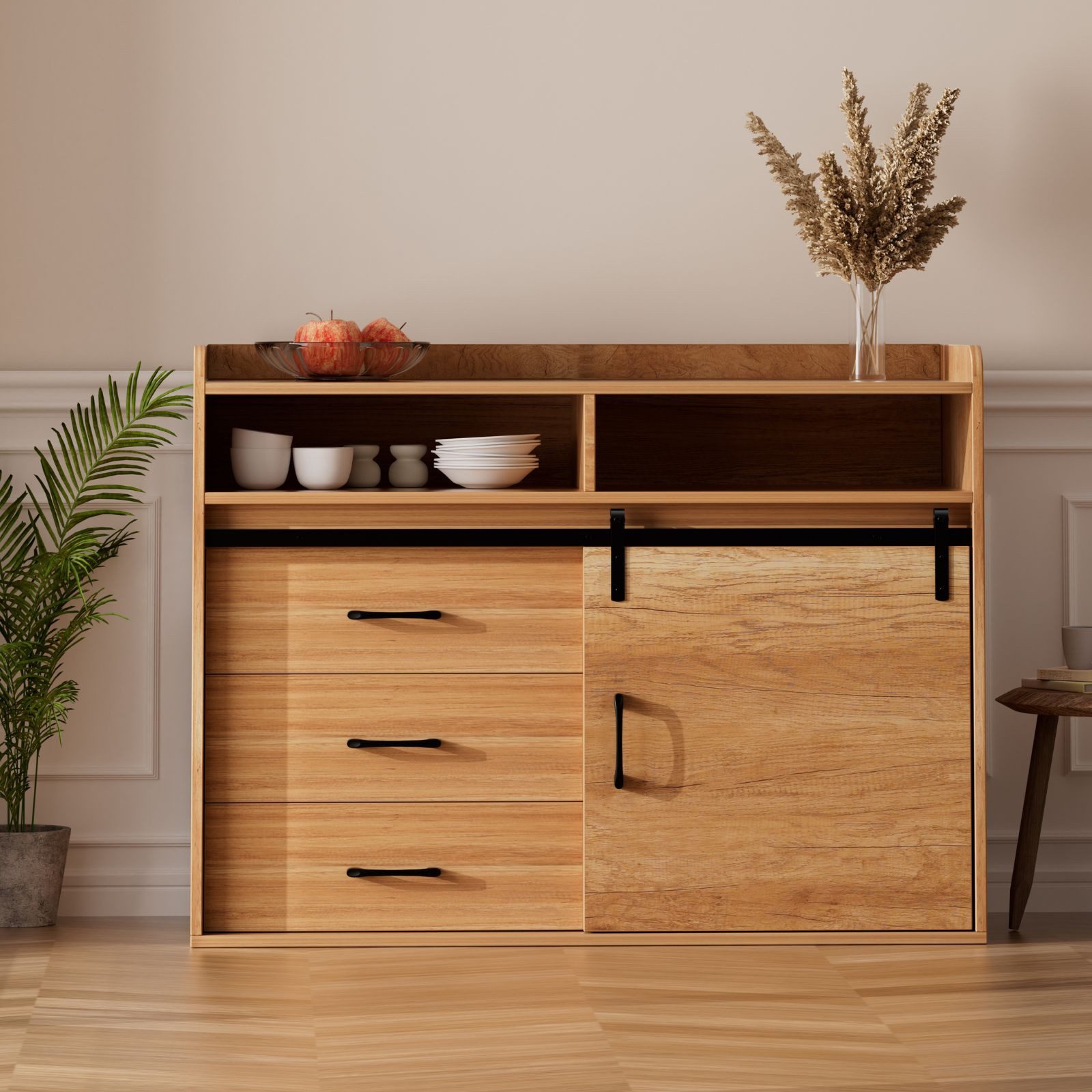 HOMAVO Sideboard HG1-S mit Schiebetür, 3 Schubladen & offenen Fächern günstig online kaufen