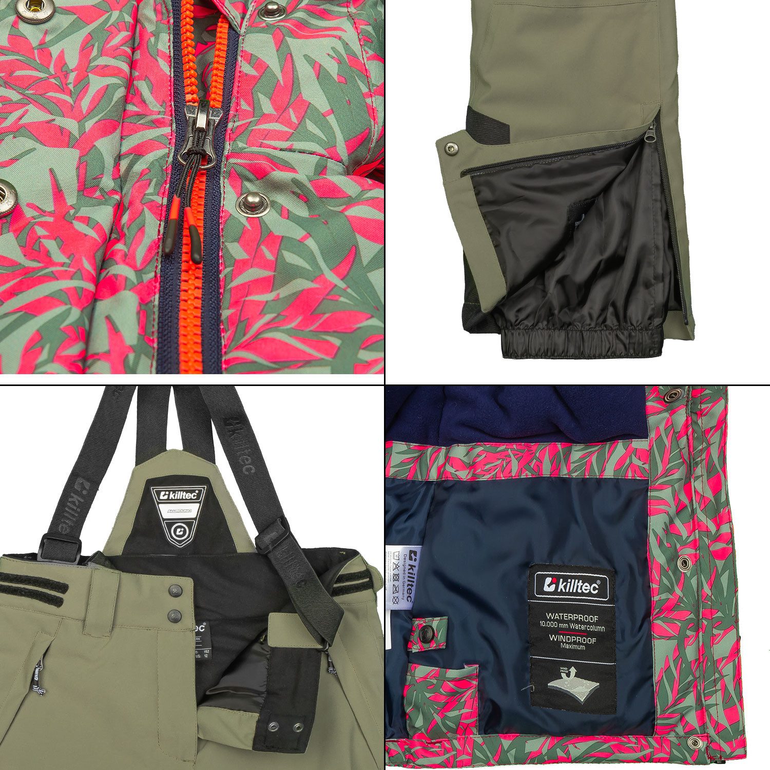 Killtec Skianzug Mädchen Skijacke hellgrün pink gemustert + Skihose hellgrün, verschweißte Nähte