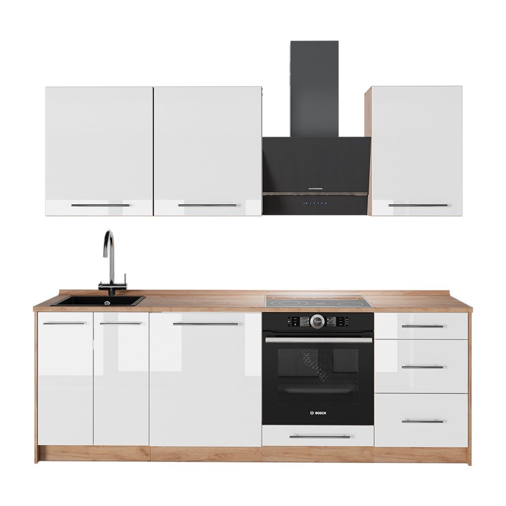 Vicco Küchenzeile Fame-Line, Weiß Hochglanz/Goldkraft Eiche, 230 cm, AP Eiche