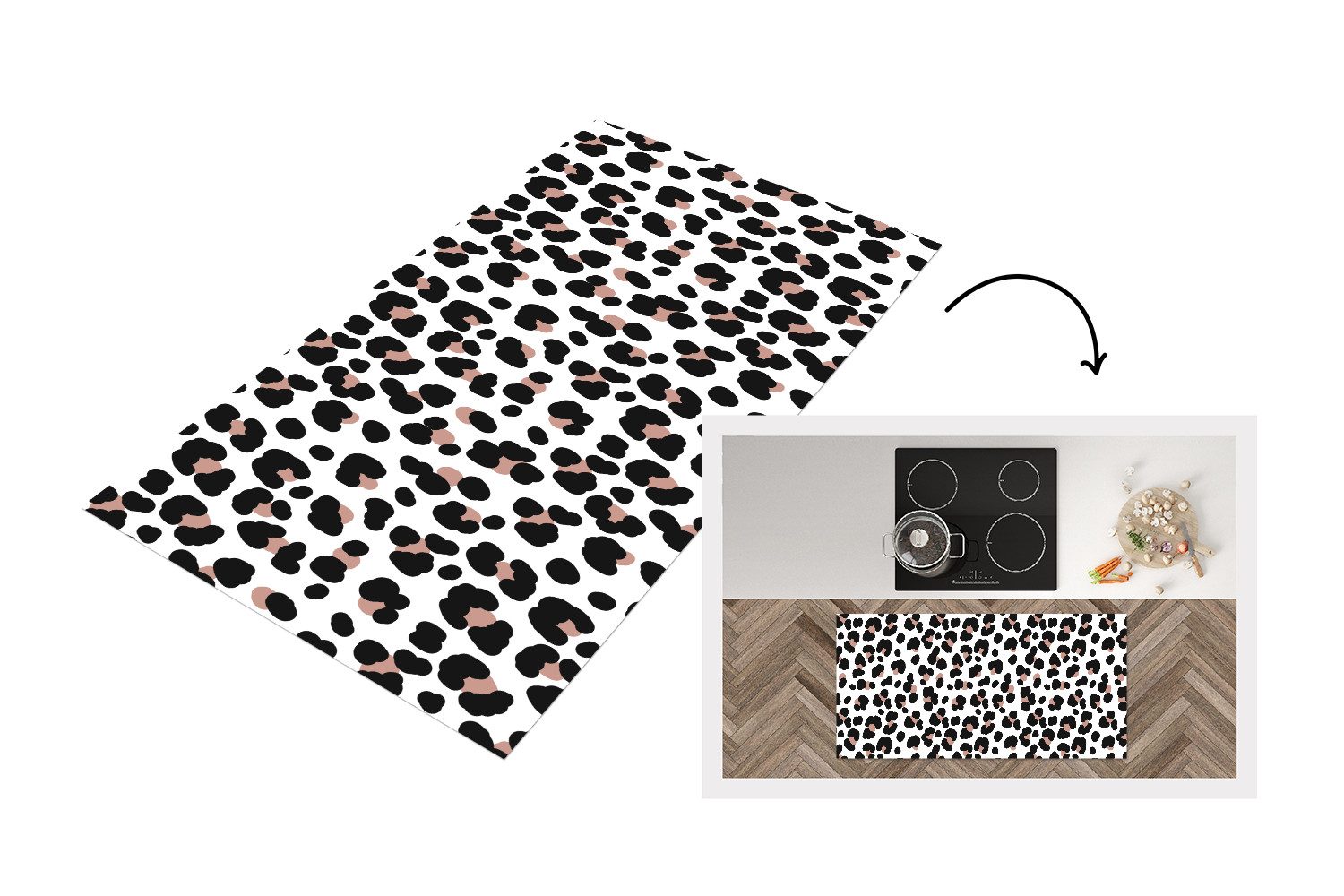 MuchoWow Küchenläufer Spots - Schwarz - Unregelmäßig - Leopard, aus Kunststoff, Küchenteppich, Läufer für Flur, Rutschfest, Deko Küche, 120x60 cm
