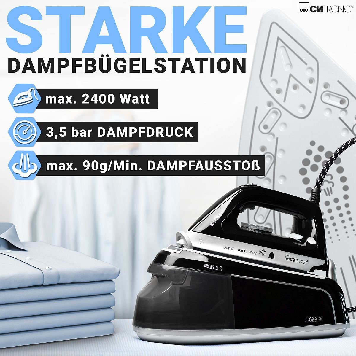 CLATRONIC Dampfbügelstation DBS 3749, 3,5 bar, Dampfbügeleisen mit Superglide-Sohle