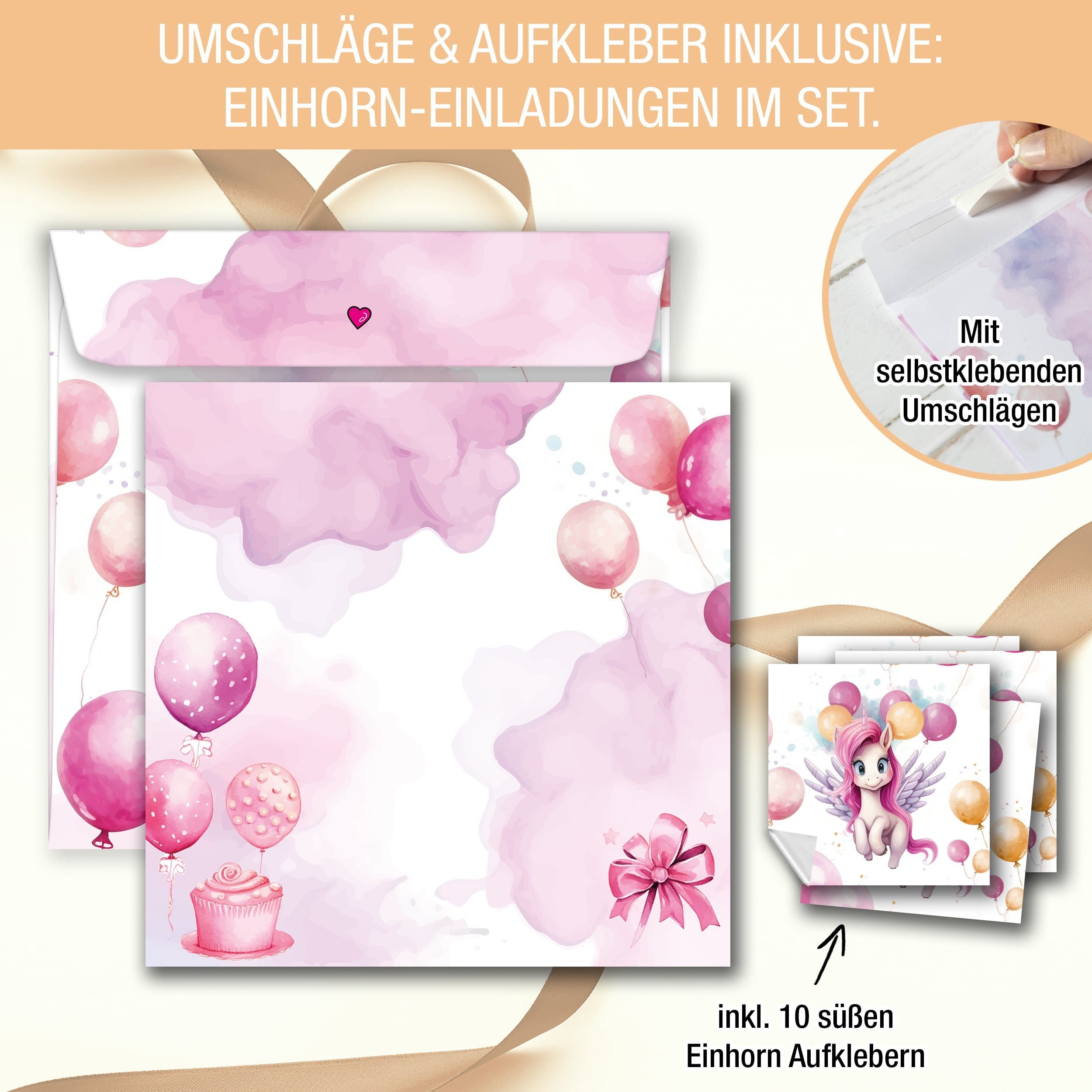 TOBJA Einladungskarten 10 Einladungskarten Einhorn inkl Umschläge und Sticker, Kindergeburtstag Mädchen Geburtstag Einladung Kinder
