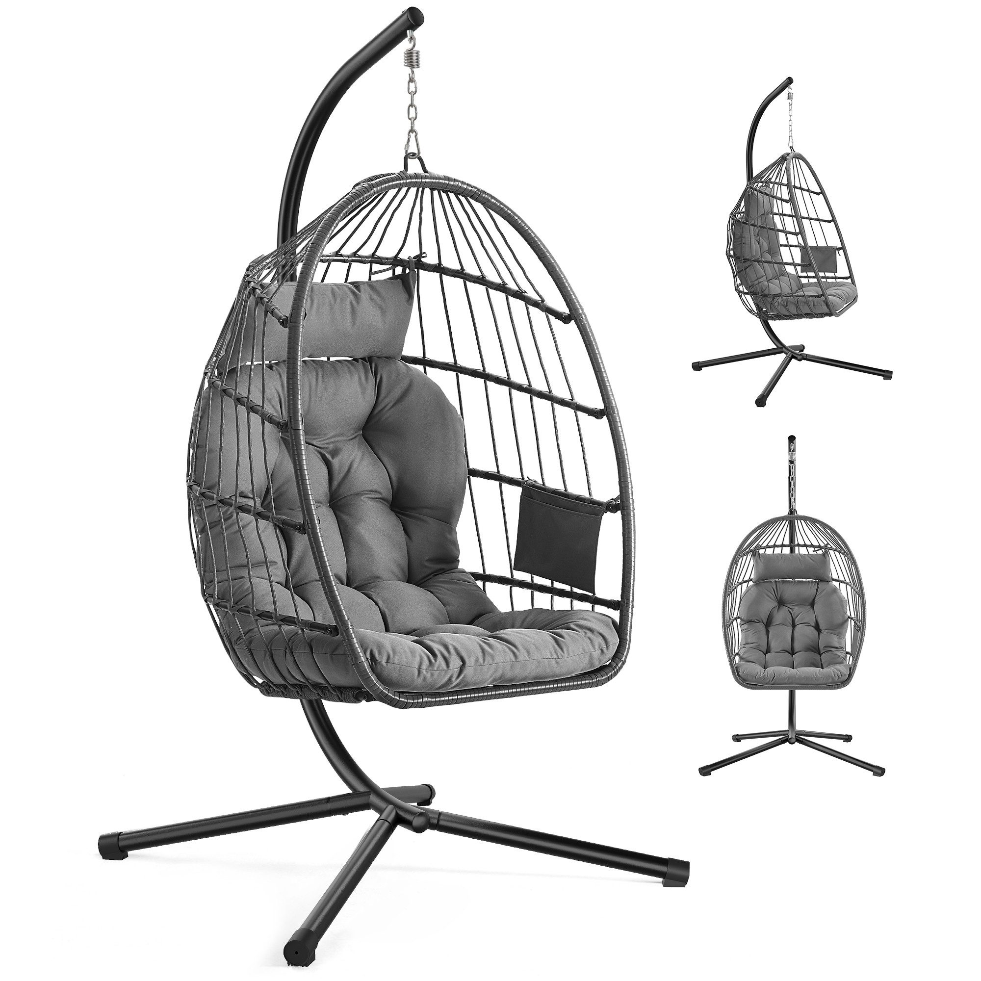 SONGMICS Hängesessel mit Kissen Ei-Design Balkon & Garten inkl. Zubehörpaket & Anleitung, Schaukelstuhl mit Gestell, klappbarer Korbsessel höhenverstellbar