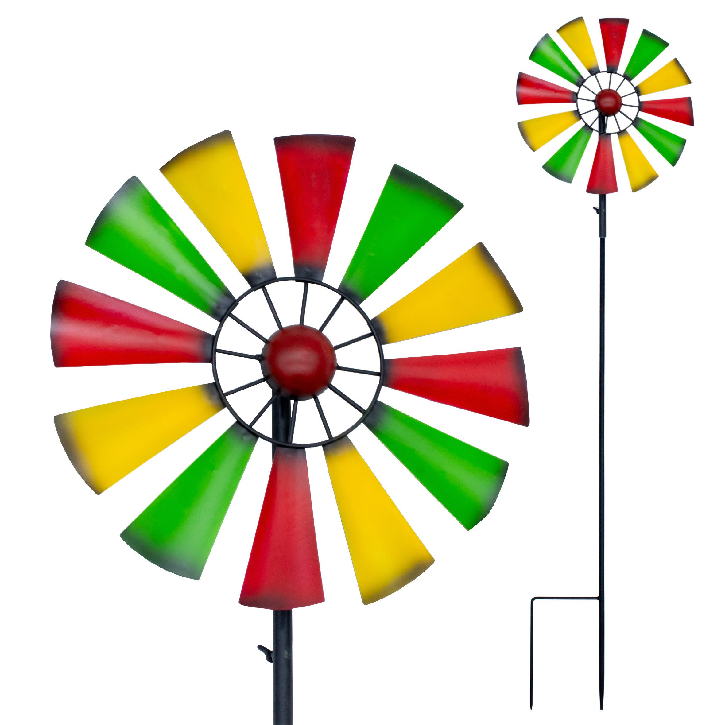 Spetebo Windrad Buntes Metall Windrad 126 cm x 33 cm Gartenstecker Windspiel (Anzahl, 1 St., Stück), mit Erdspieß