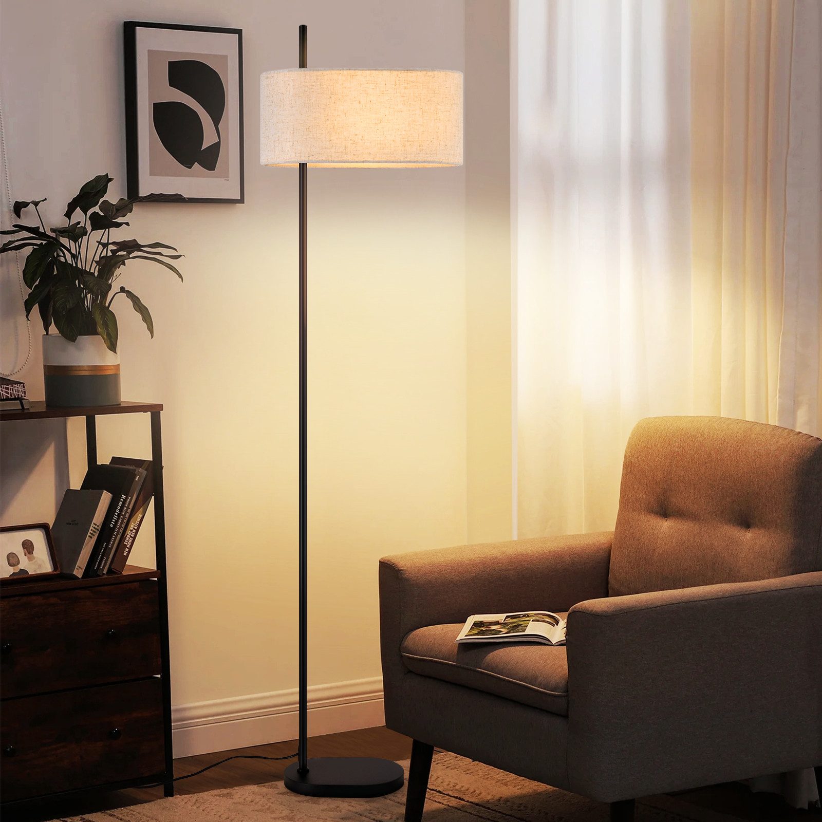 Stehlampe 154cm Schwarz Stehleuchte Stoffschirm E27 Retro für Schlafzimmer