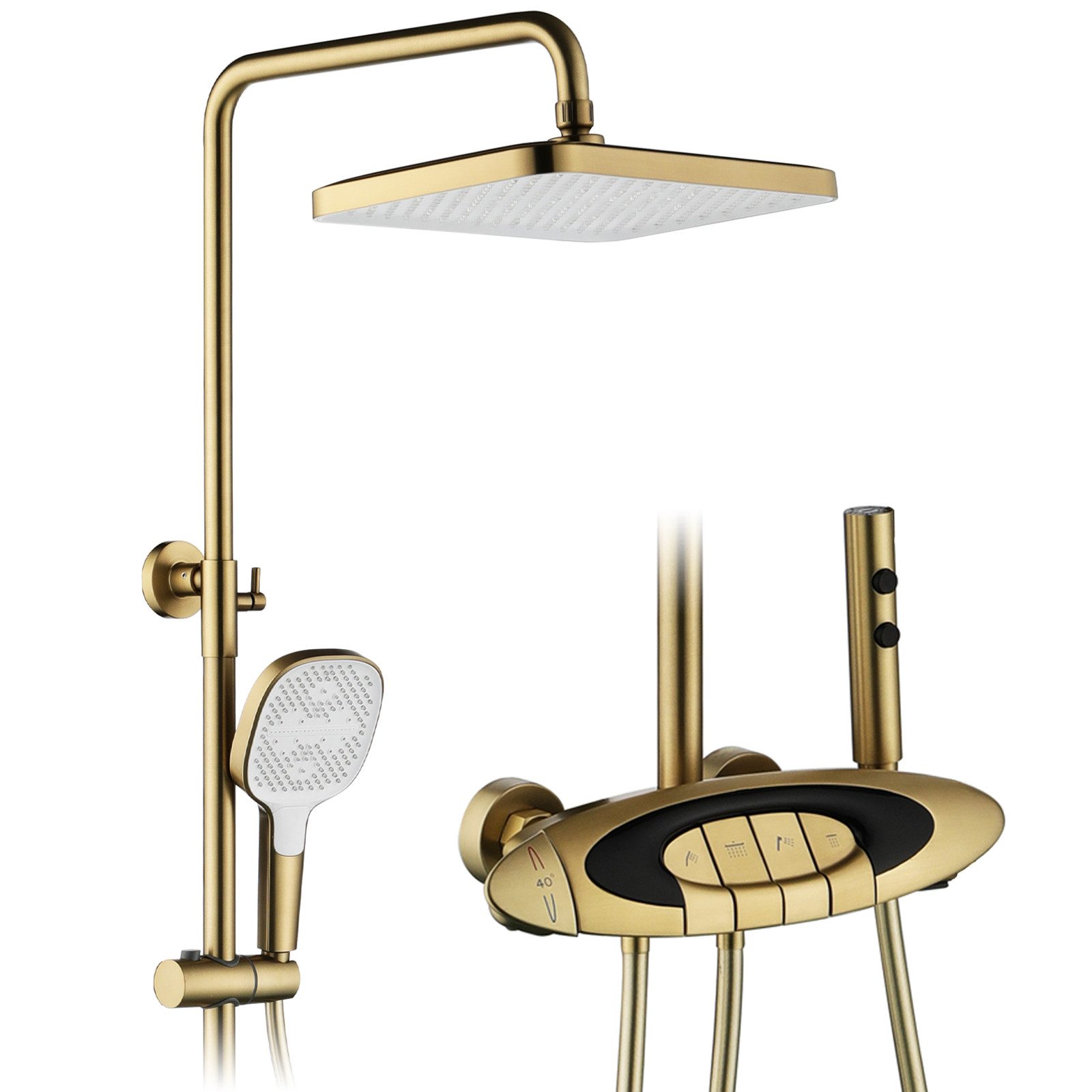 Oihpaw Duschsystem 4in1 Thermostat 3-Modus-Handbrause Wandmontage Regendusche, 1 tlg., 350×220mm quadratische Regendusche, Gebürstetes Gold