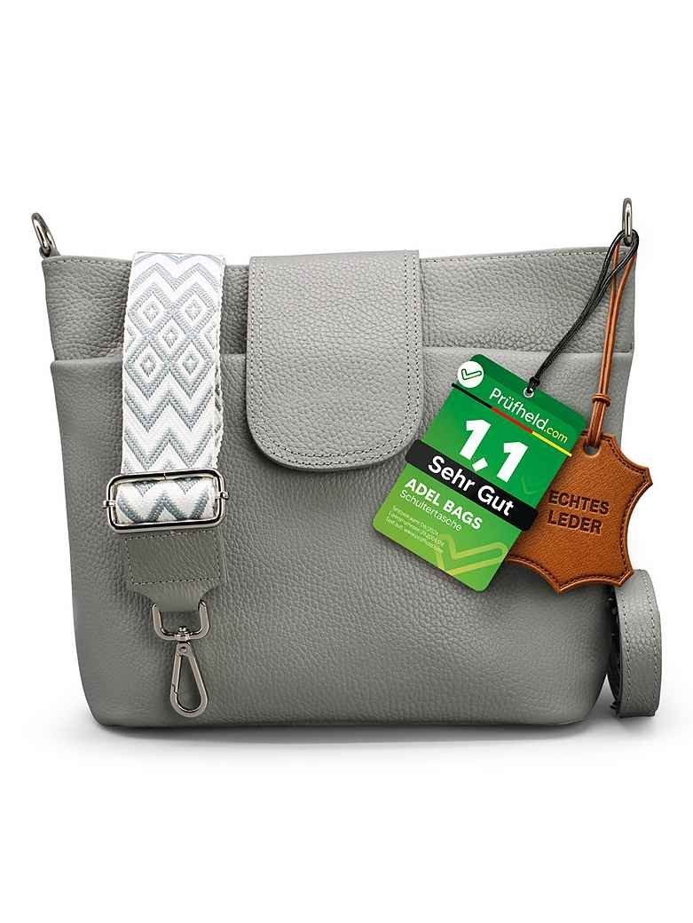 Adel Bags Schultertasche SARA Umhängetasche Damen Grau aus Echtleder Crossbody (Test SEHR GUT, Note 1.1), 20 Farboptionen, Hergestellt in Italien, mit 2 Riemen