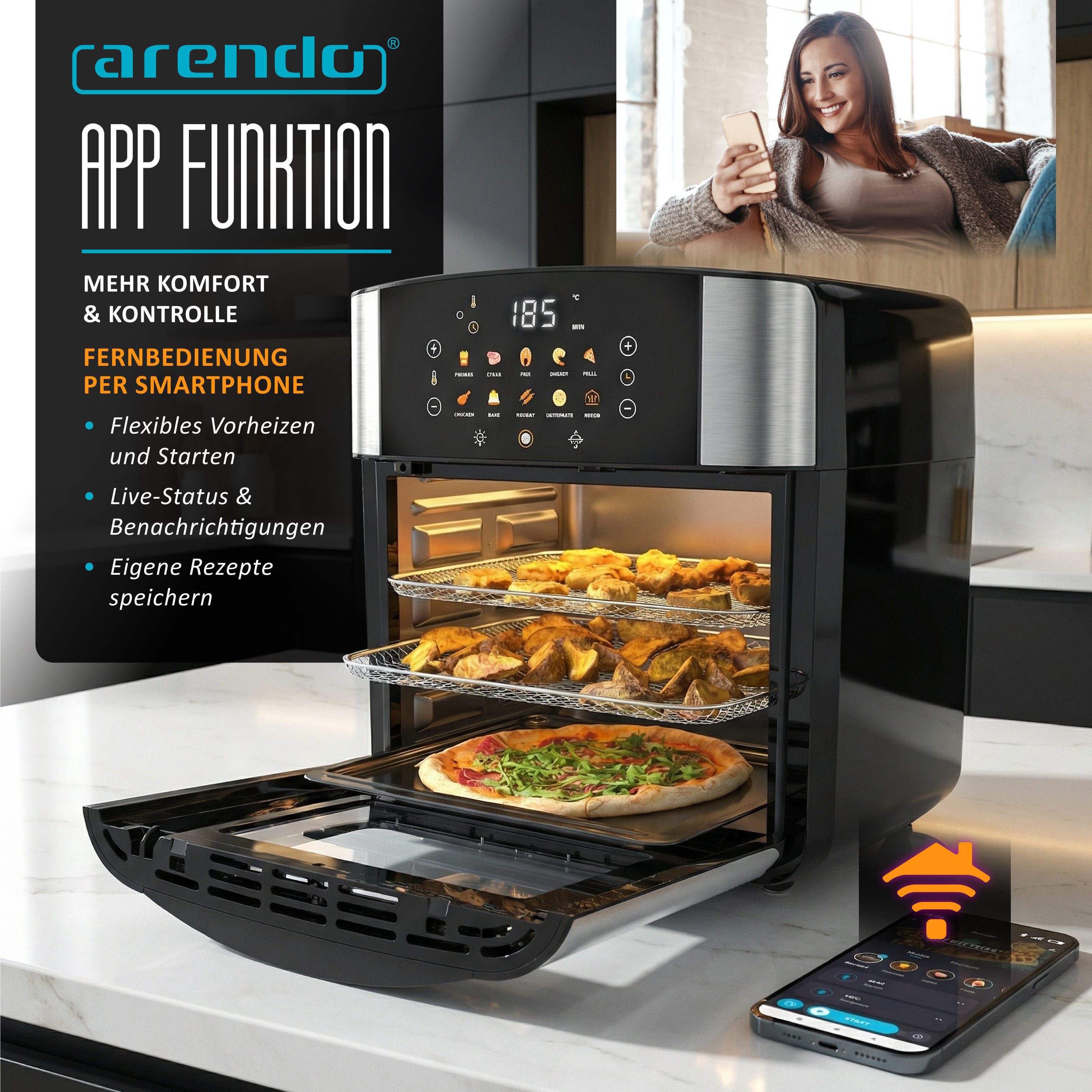 Arendo Heißluftfritteuse WLAN Multifunktionsofen 16L, Backofen, Grill, Dörrautomat, Air Fryer, 1800 W, XXL WiFi Umluft Fritteuse ohne Öl + Zubehör für Pizza Hähnchen Pommes