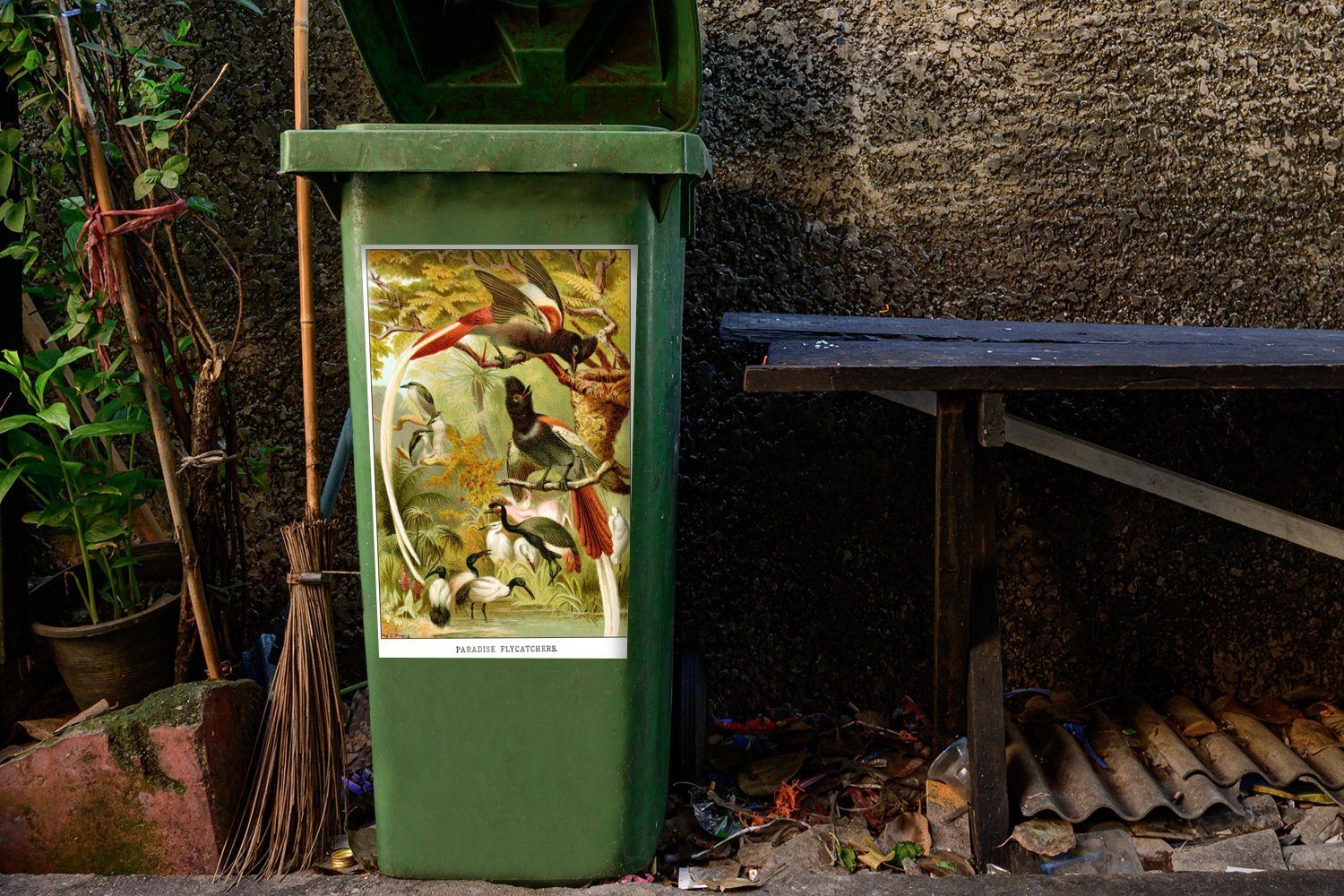MuchoWow Wandsticker Antiker Mülleimer-aufkleber, Abfalbehälter Sticker, St), Fliegenschnäpper (1 Container, Vogeldruck Mülltonne