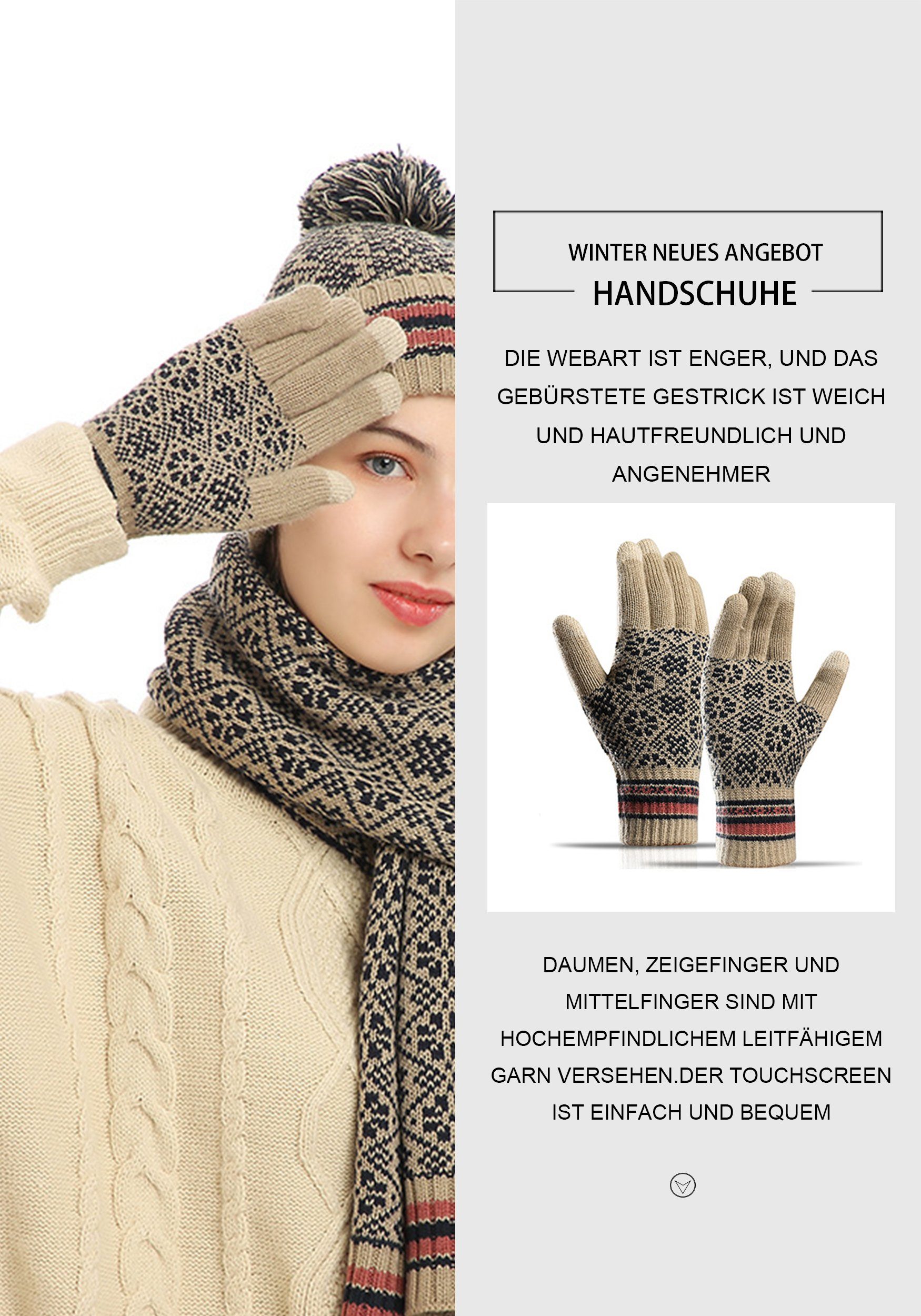 MAGICSHE Mütze & Leopardenmuster und warm Schal Beige Weich Schal Handschuhe Set
