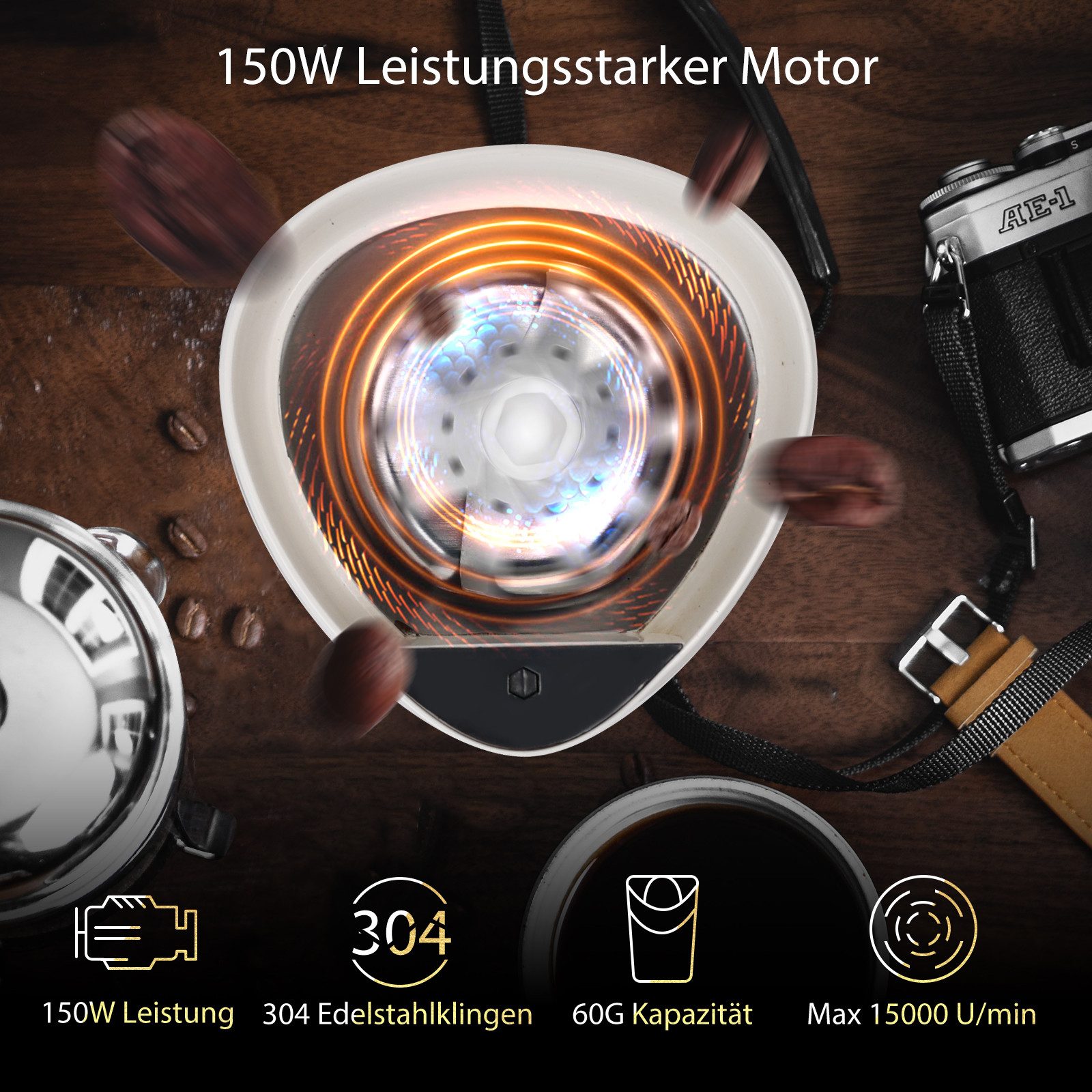 Aigostar Kaffeemühle Elektrisch Gewürzmühle Kaffee Mühle, Elektrische Propellermühlen, 200 W, Edelstahl Schlagmesser, 60,00 g Bohnenbehälter, Versions-Upgrades, 150 W & 200 W nach dem Zufallsprinzip ausgeliefert