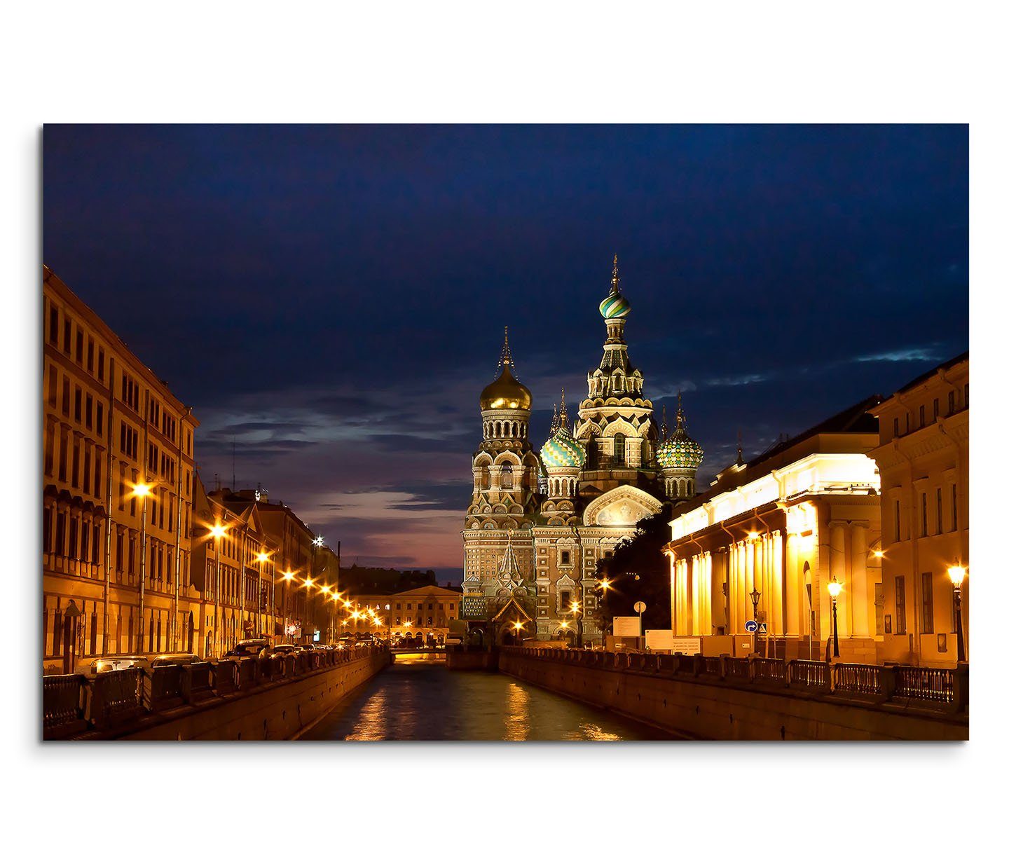 Sinus Art Leinwandbild 120x80cm Wandbild Sankt Petersburg Russland Kirche Nacht Lichter
