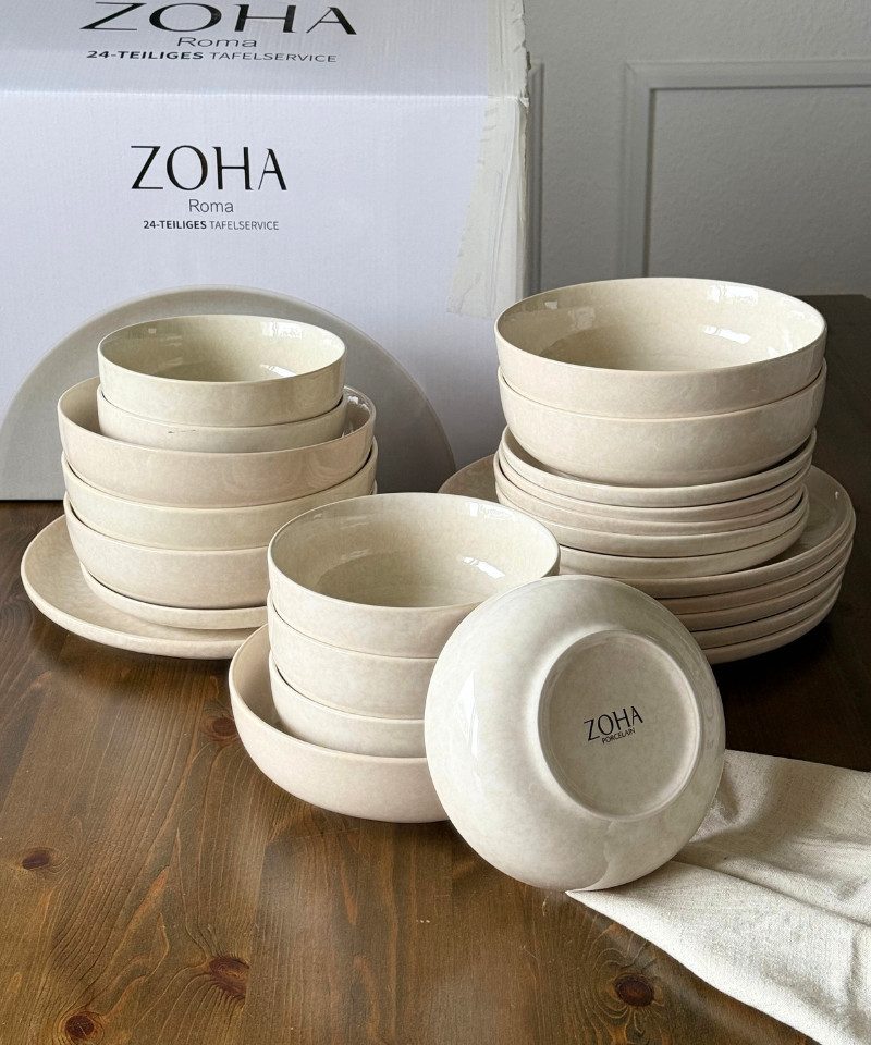 Zoha Geschirr-Set Roma, modernes Tafelservice Spülmaschinen- & Mikrowellengeeignet (48-tlg), 6 Personen, Porzellan, Kombiset mit Craquelé-Struktur, Warm-Beige Färbung für Eleganten Look