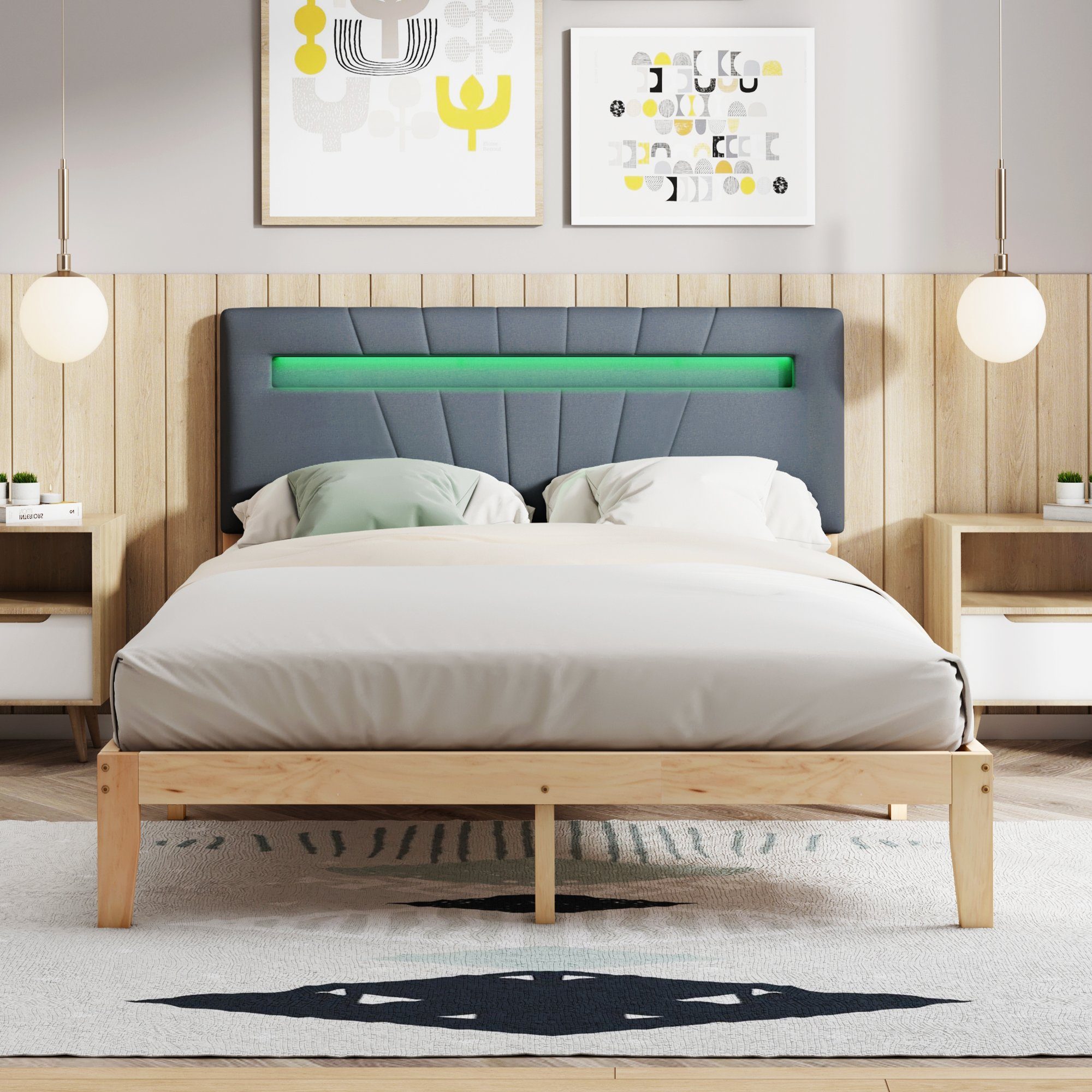 Massivholzbett (Doppelbett Jugendbett), mit LED-Beleuchtung & Polsterkopfteil, 140x200cm
