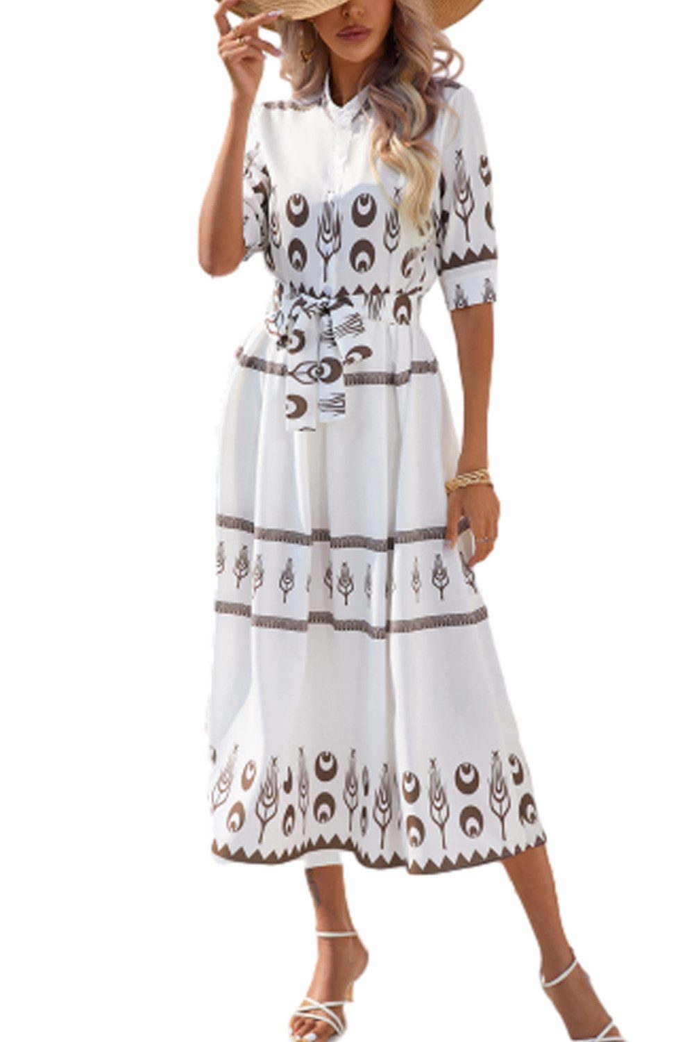 ENIX Dirndl Kleid im Bohemian-Stil 3/4-Ärmel Stehkragen Knopfleiste Elegantes Damenkleid mit hoher Taille und Vintage-Print
