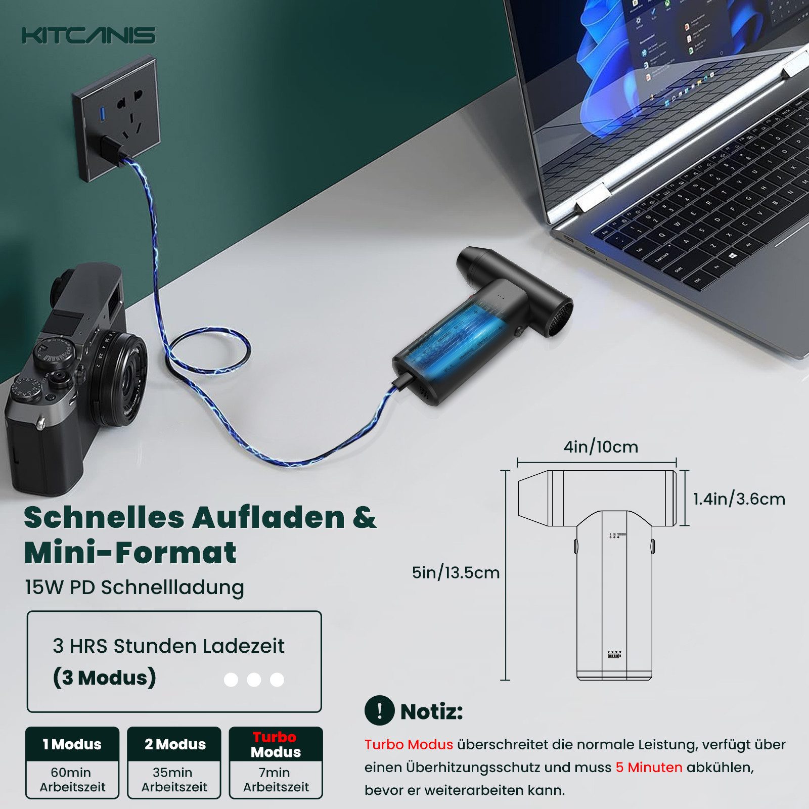 Kitcanis Akku-Handstaubsauger Elektrische Staubgebläse, 160 W, beutellos, 150000 U/min Turbo 3-Gang, Super Power Cordless Compressed Air Duster
