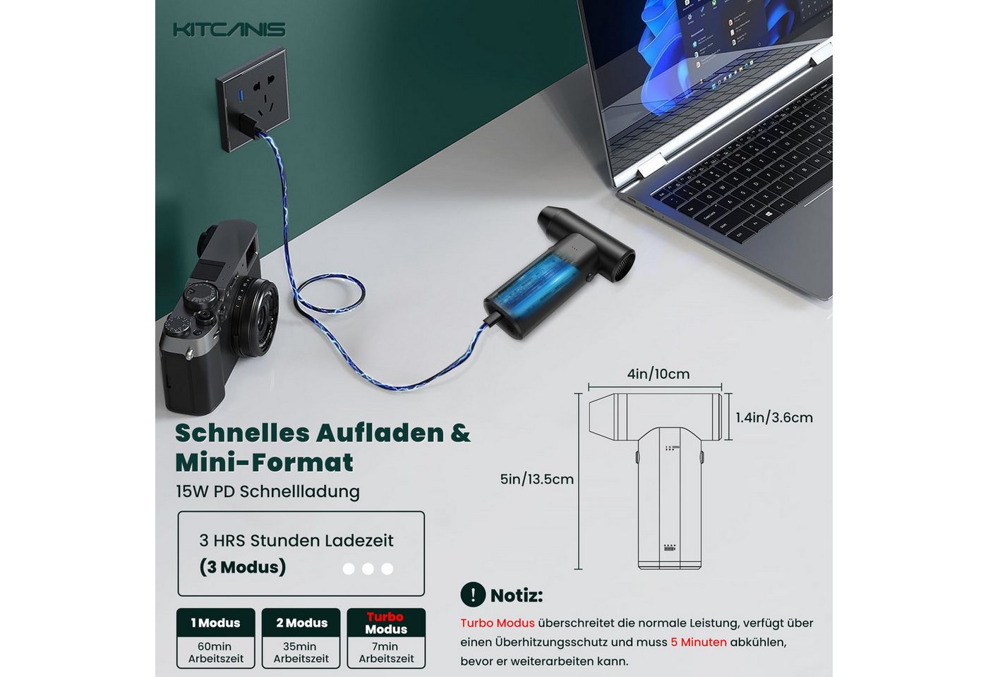 Kitcanis Akku-Handstaubsauger Elektrische Staubgebläse, 160 W, beutellos, 150000 U/min Turbo 3-Gang, Super Power Cordless Compressed Air Duster