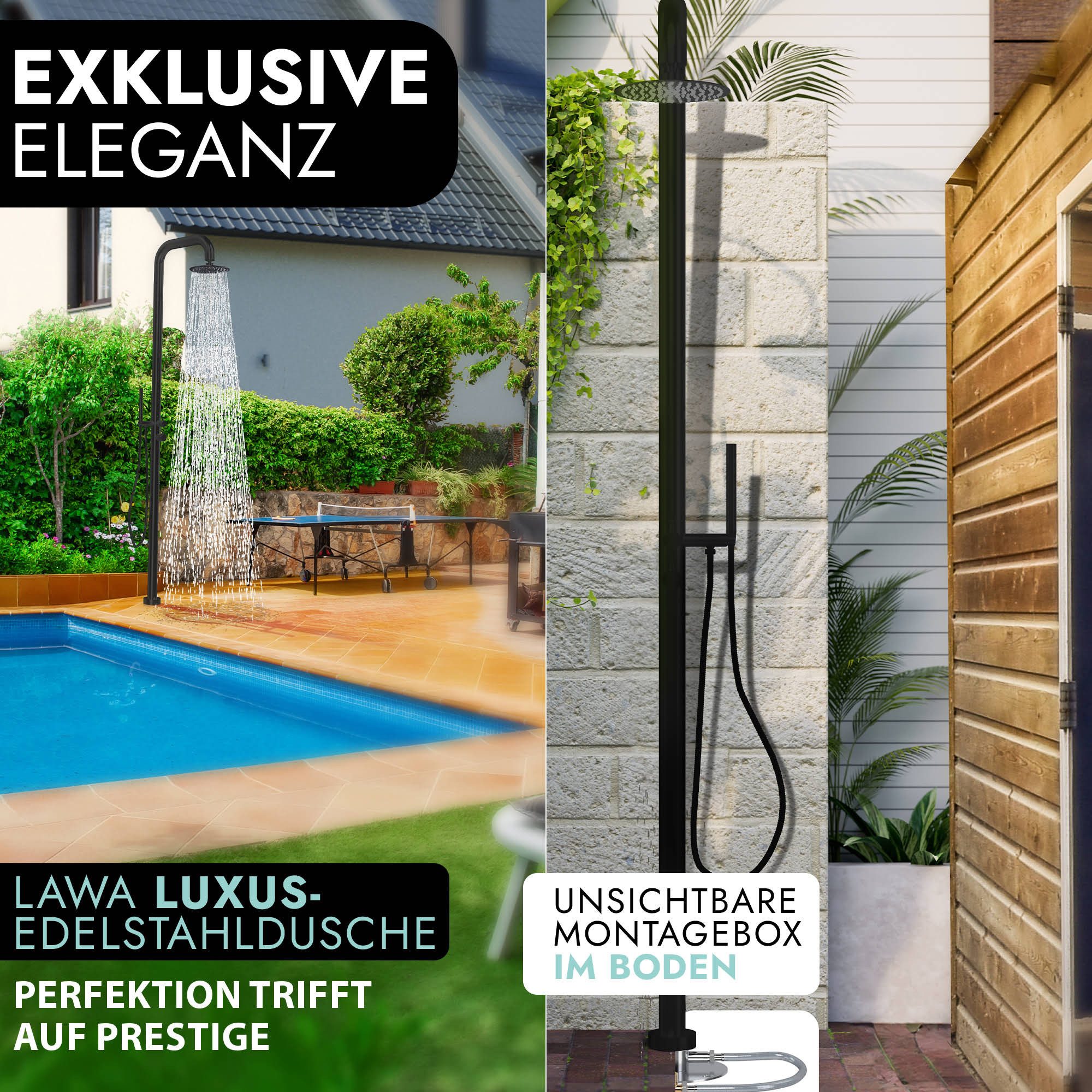 LAWA Living and Lifestyle Gartendusche V2A AISI 304 Edelstahl Pooldusche mit Handbrause Warmwasser Kaltwasser, rostbeständig, witterungsfest, restentleert = winterfest / frostsicher