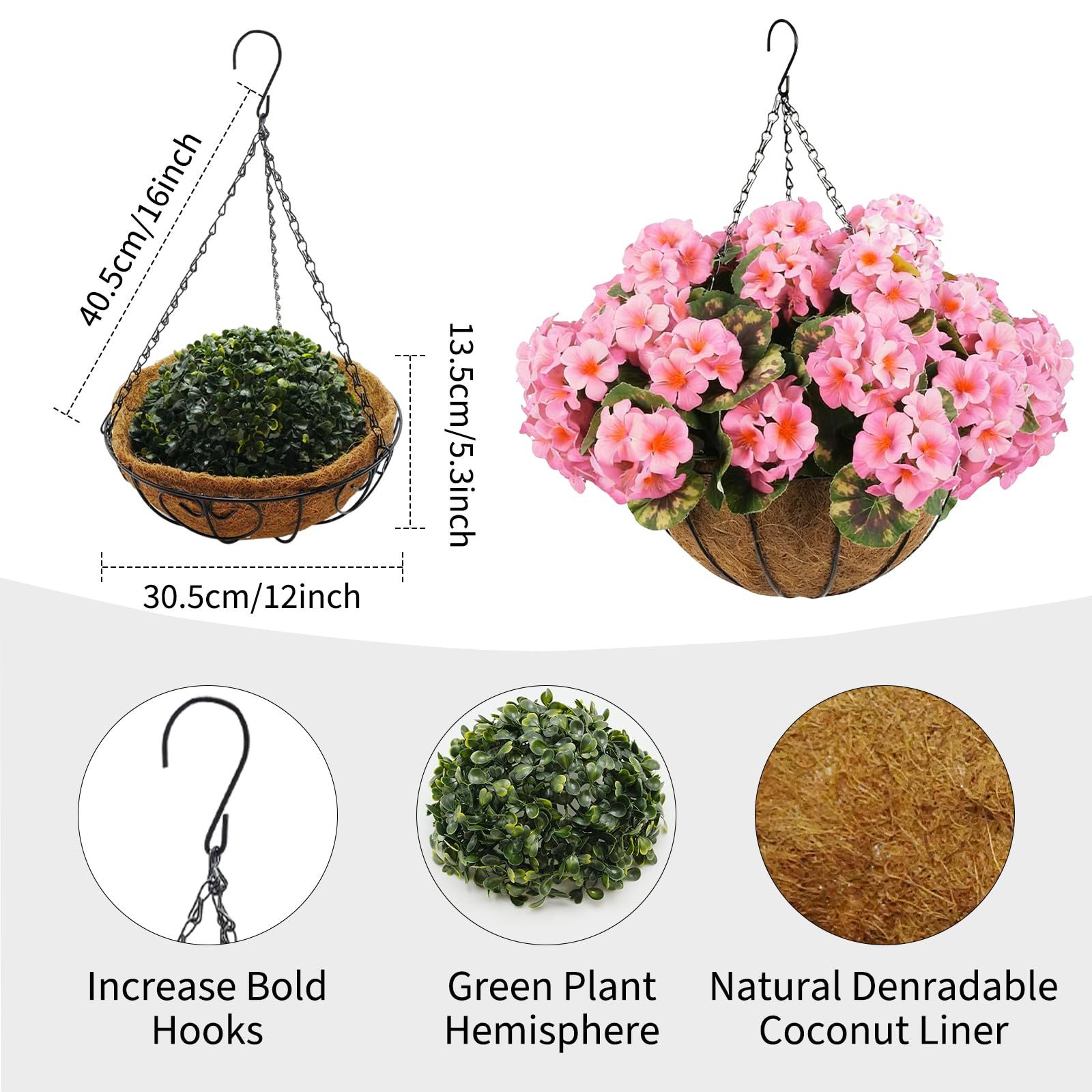 Kunstblumenstrauß 2er-Set künstliche Geranienblüten für den Außenbereich mit braunemKorb, GarveeMore, Hängepflanze 12PCS Geranienblüten für Weihnachten,Veranda,Garten