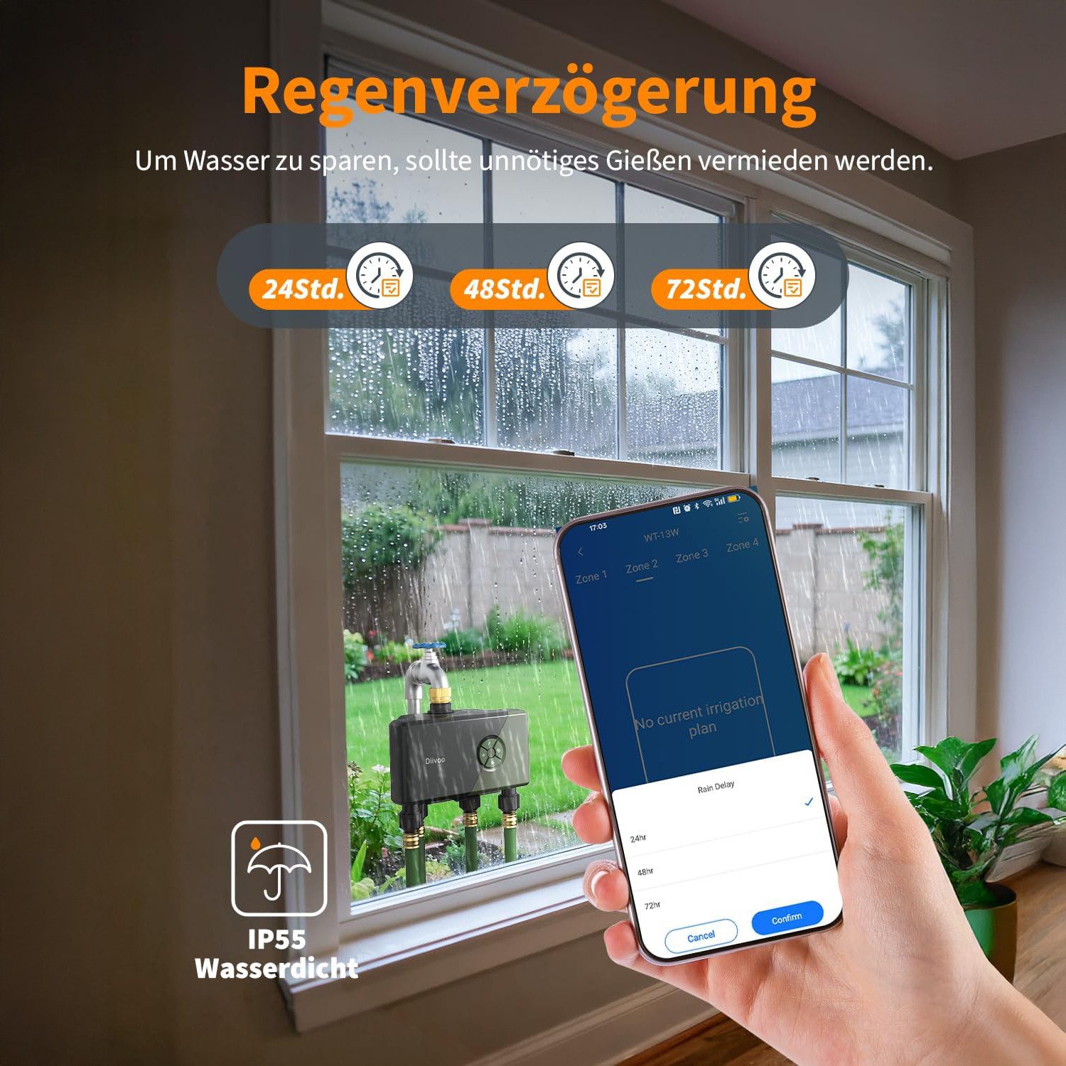 Diivoo Bewässerungssystem Bewässerungscomputer 4 Ausgänge WLAN mit Messingeinlass mit WLAN, APP – Bild 4 von 5