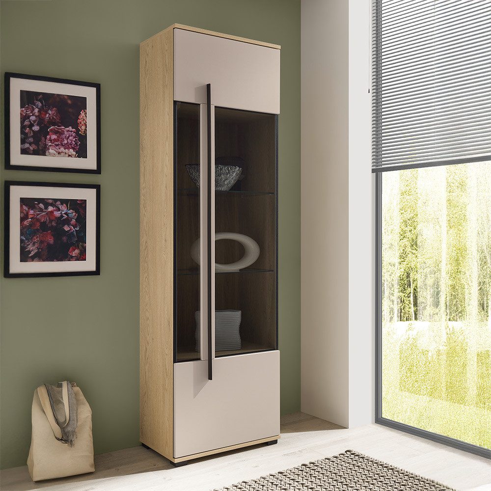 Lomadox Vitrine COLORADO-61 Vitrinenschrank 60 cm breit in Beige mit Eiche