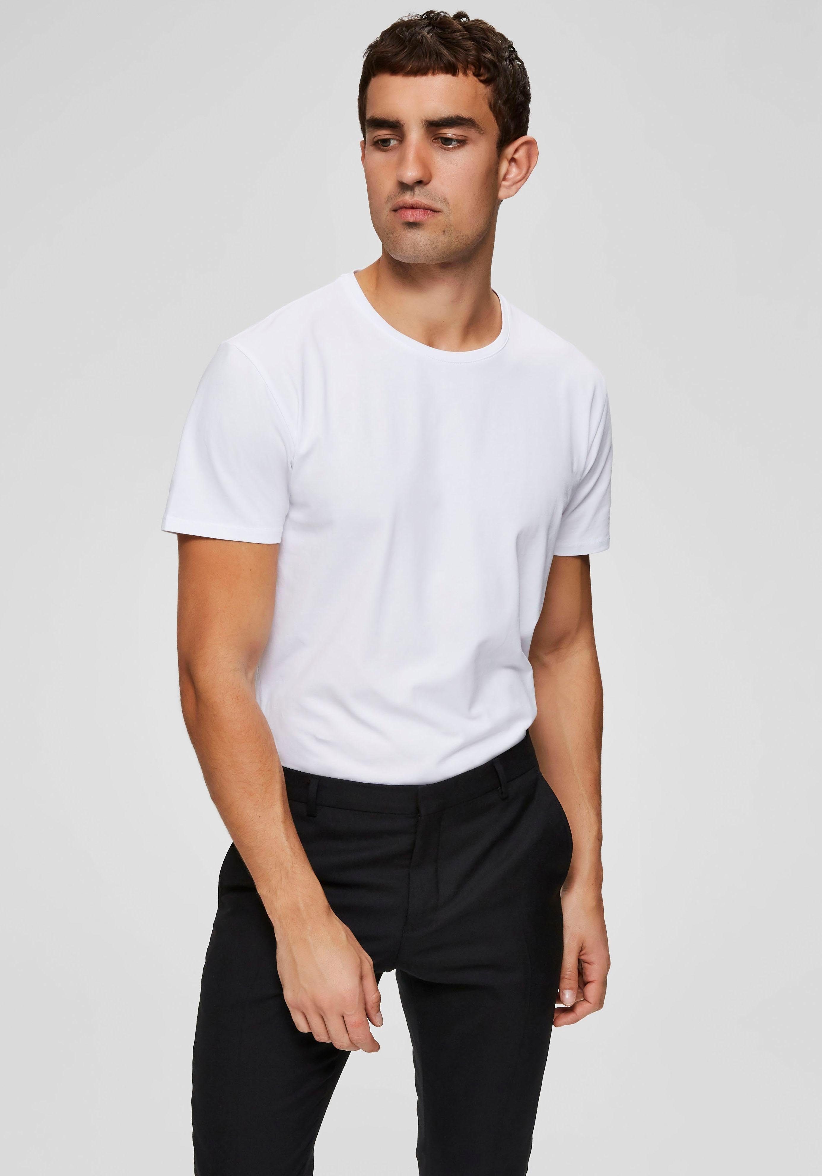 White SELECTED Basic Rundhalsshirt T-Shirt Bright HOMME
