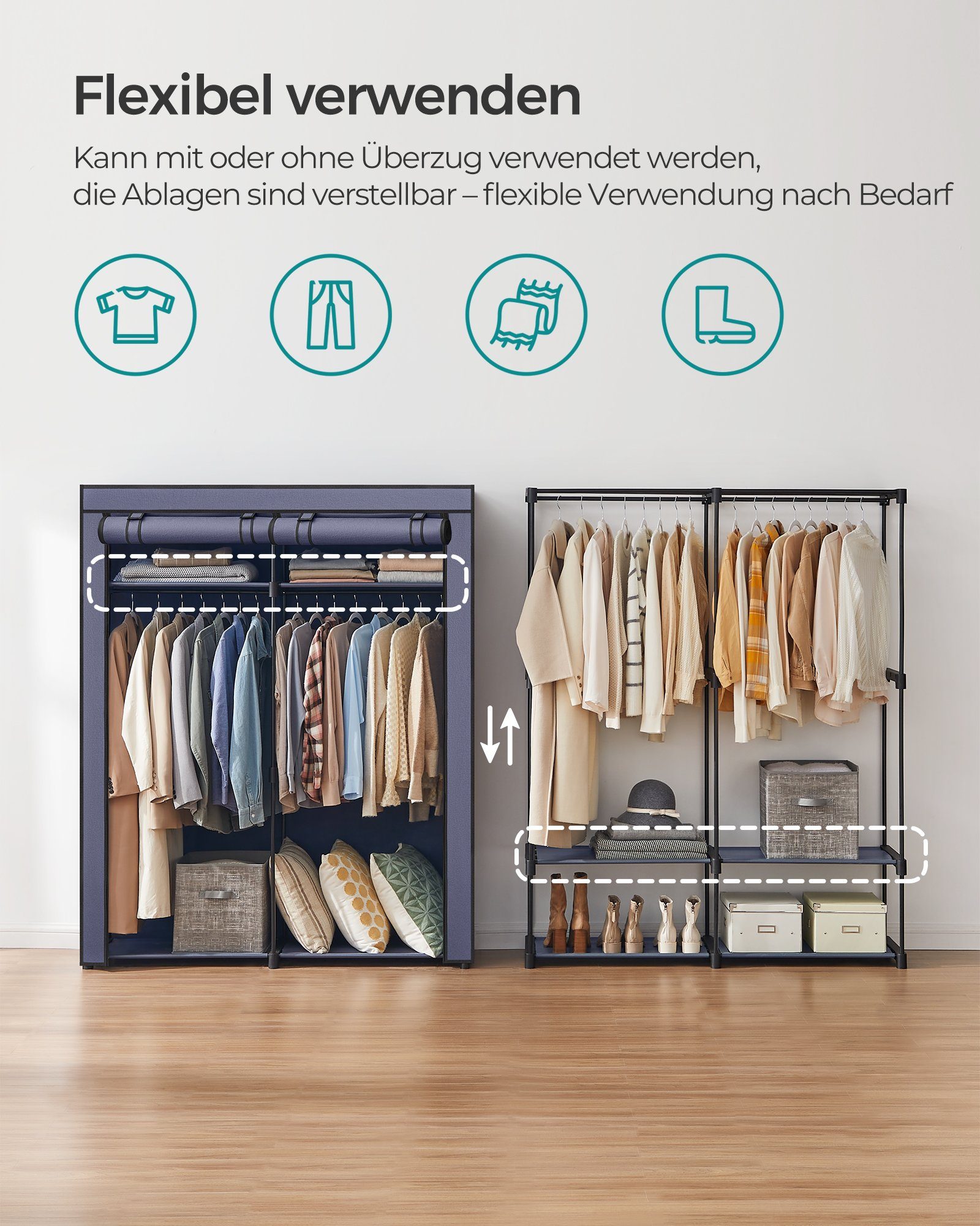 SONGMICS Stoffschrank Stoffschrank mit 2 Kleiderstangen, faltbare Garderobe, 1 er/2er Set – Bild 3 von 5