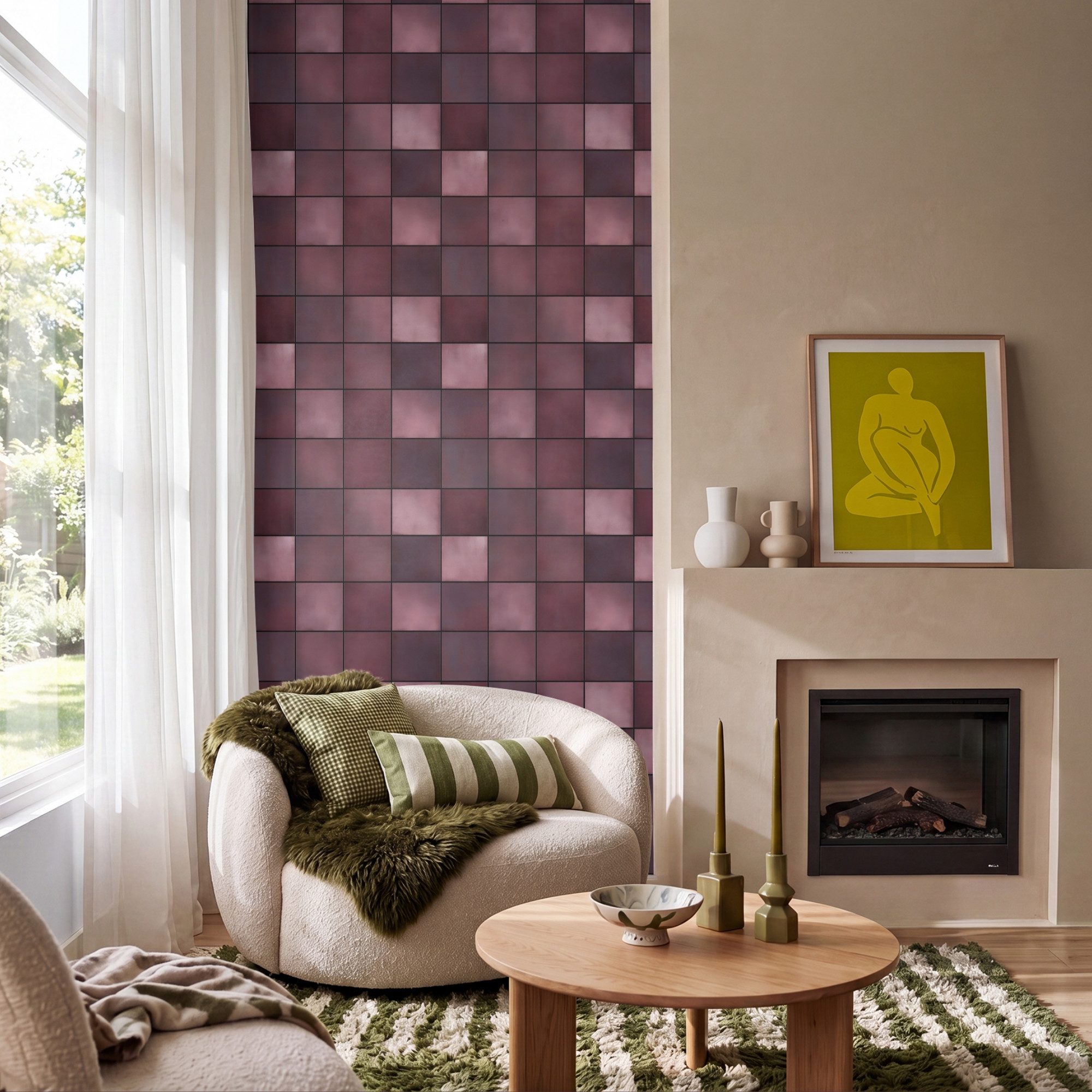 OnlyWow Fototapete Quadratisch - Fliese - Muster - Lila, Matt, bedruckt, Wandtapete, Schlafzimmer, Wanddekoration 100x220cm