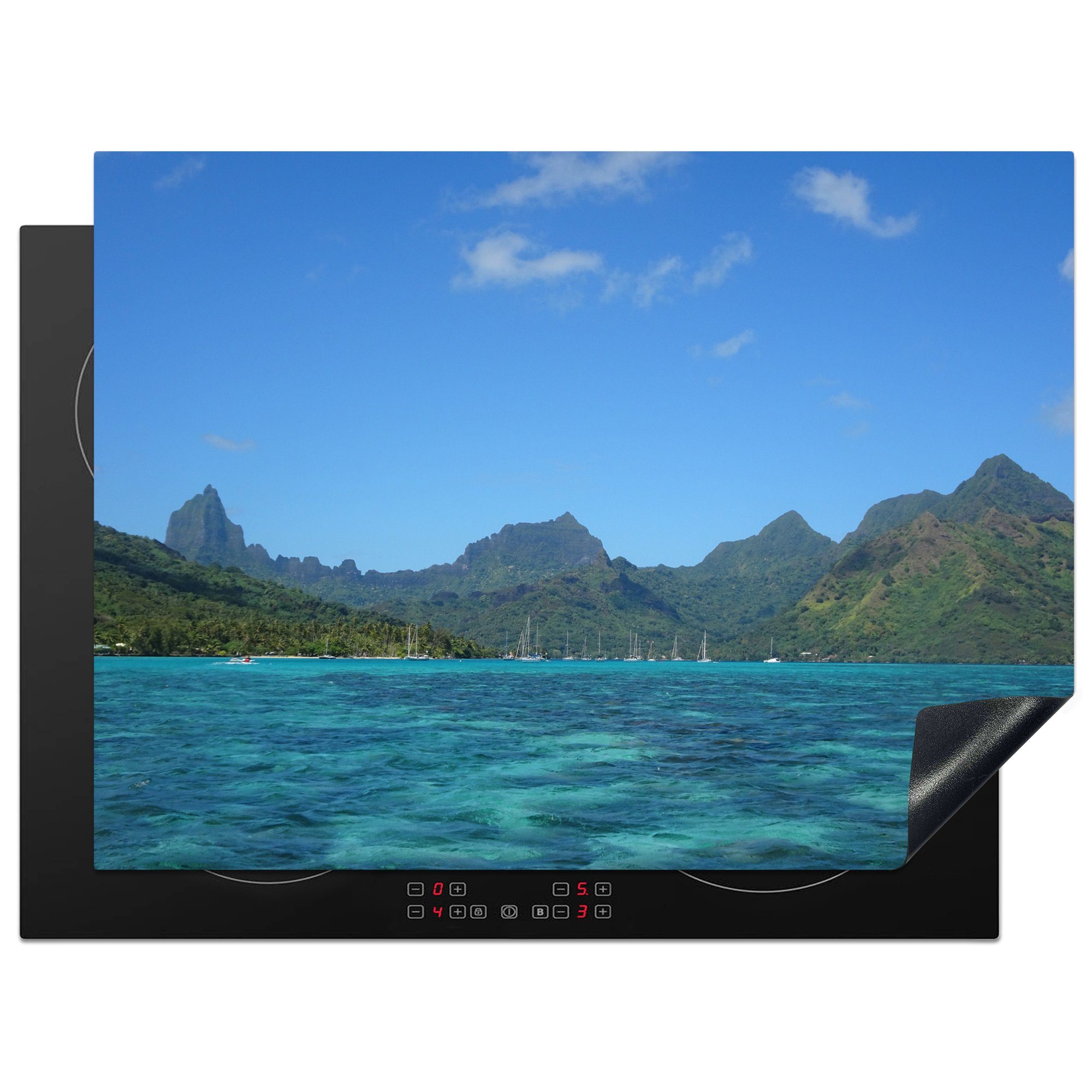 MuchoWow Herdblende-/Abdeckplatte Ōpūnohu-Bucht in Moorea mit Bergkulisse, Vinyl, (1 tlg), 70x52 cm, Mobile Arbeitsfläche nutzbar, Ceranfeldabdeckung