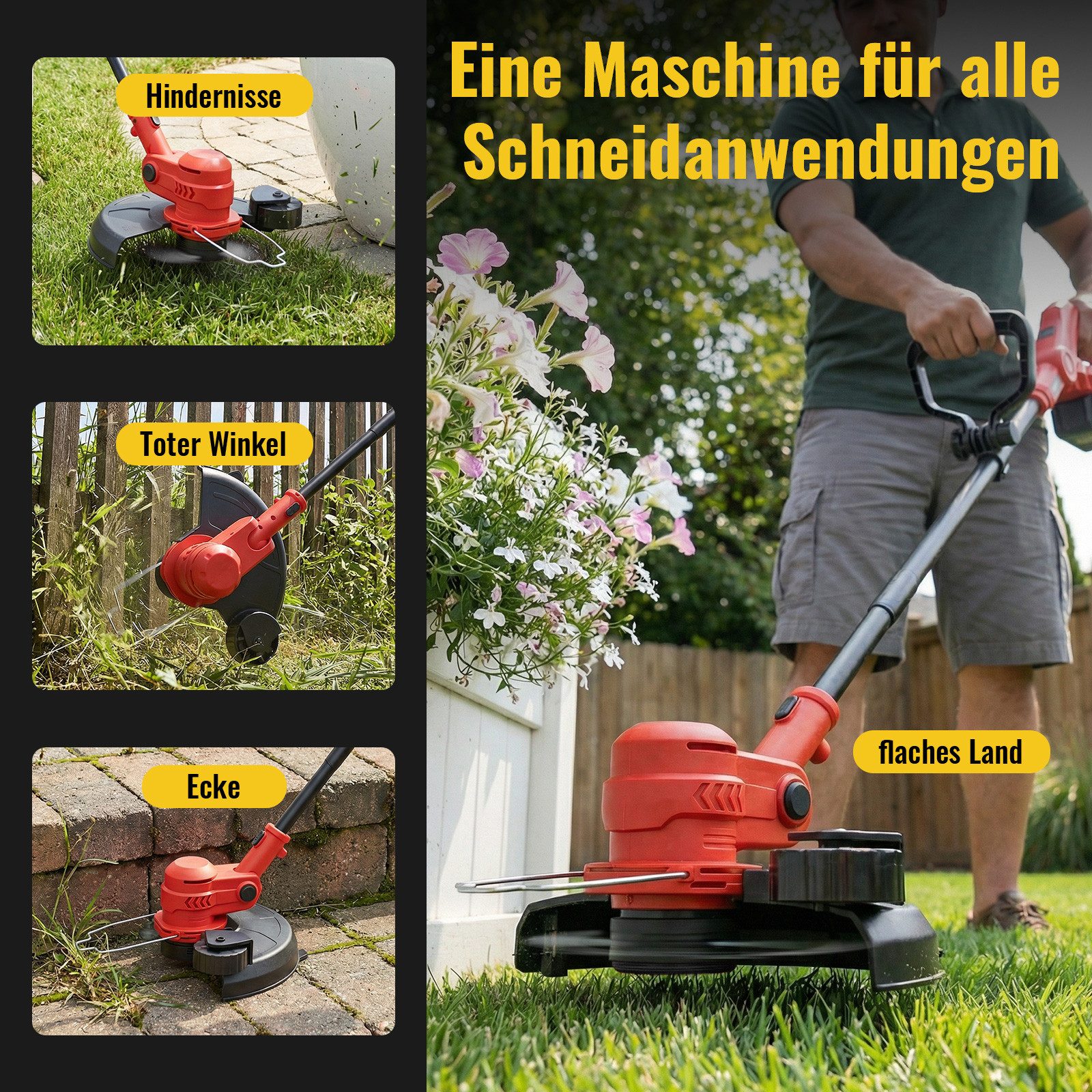 CONENTOOL Akku-Rasentrimmer 2 in 1 Kanten Trimmfunktion, 2 x 4,0Ah Akkus, 30 cm Arbeitsbreite Faden, (inkl. 5 Fadenspulen), mit Hilfsrad & LED-Anzeige